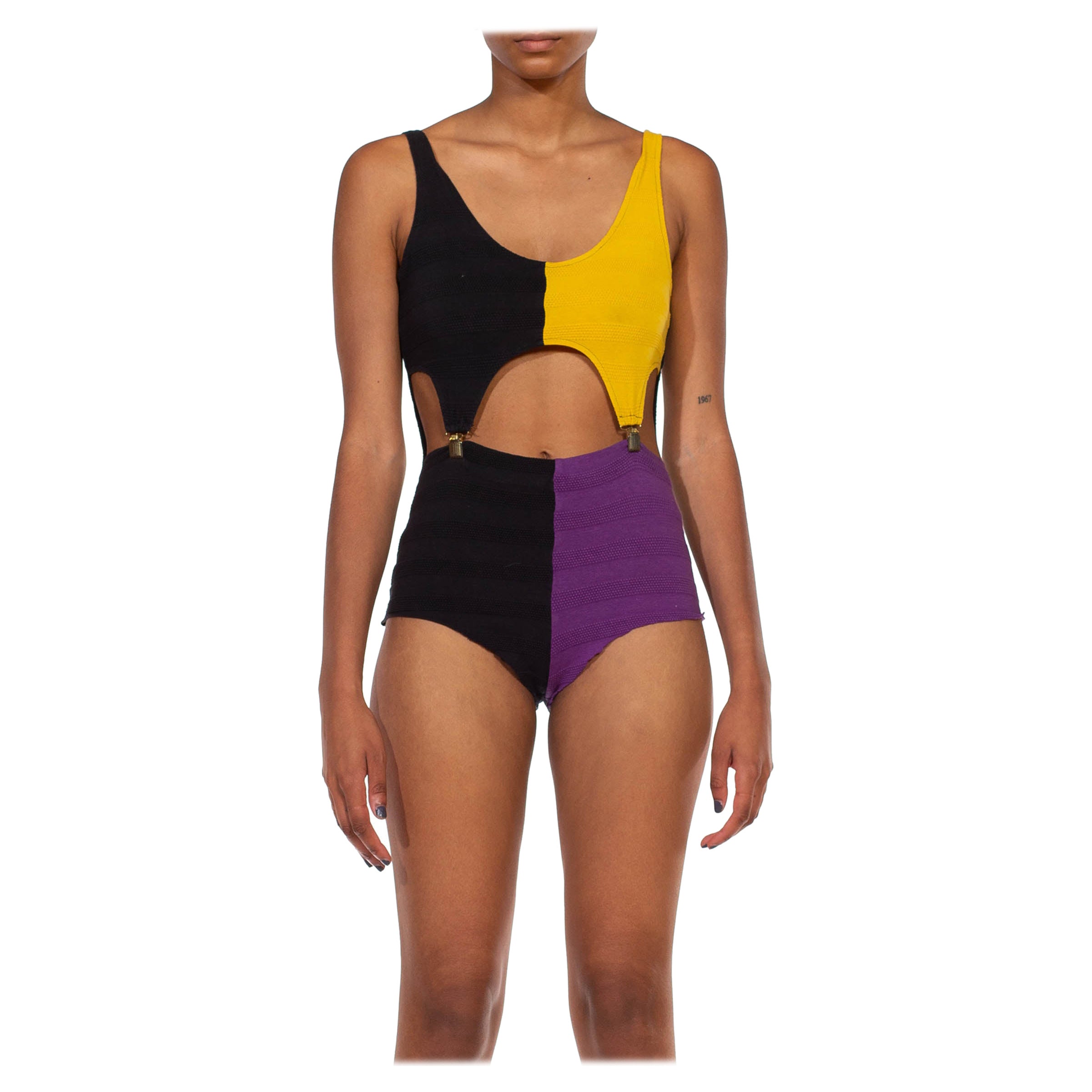 1990S Yellow Purple 
Black Cotton/Lycra Back-Up Dancer Romper