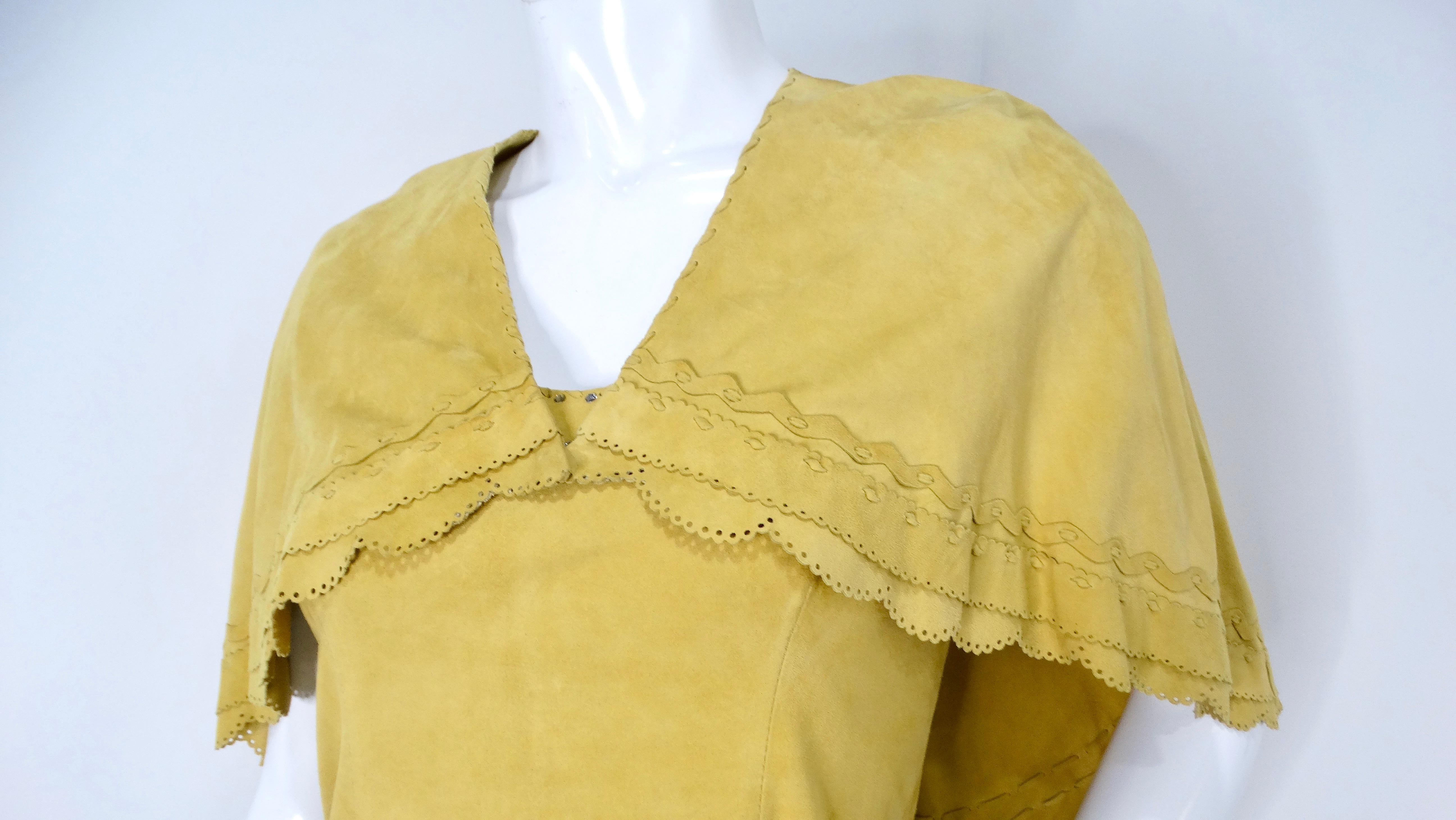 Women's 1990s Yellow Suede Sleeveless Dress With Capelet & Rhinestone Details For Sale
