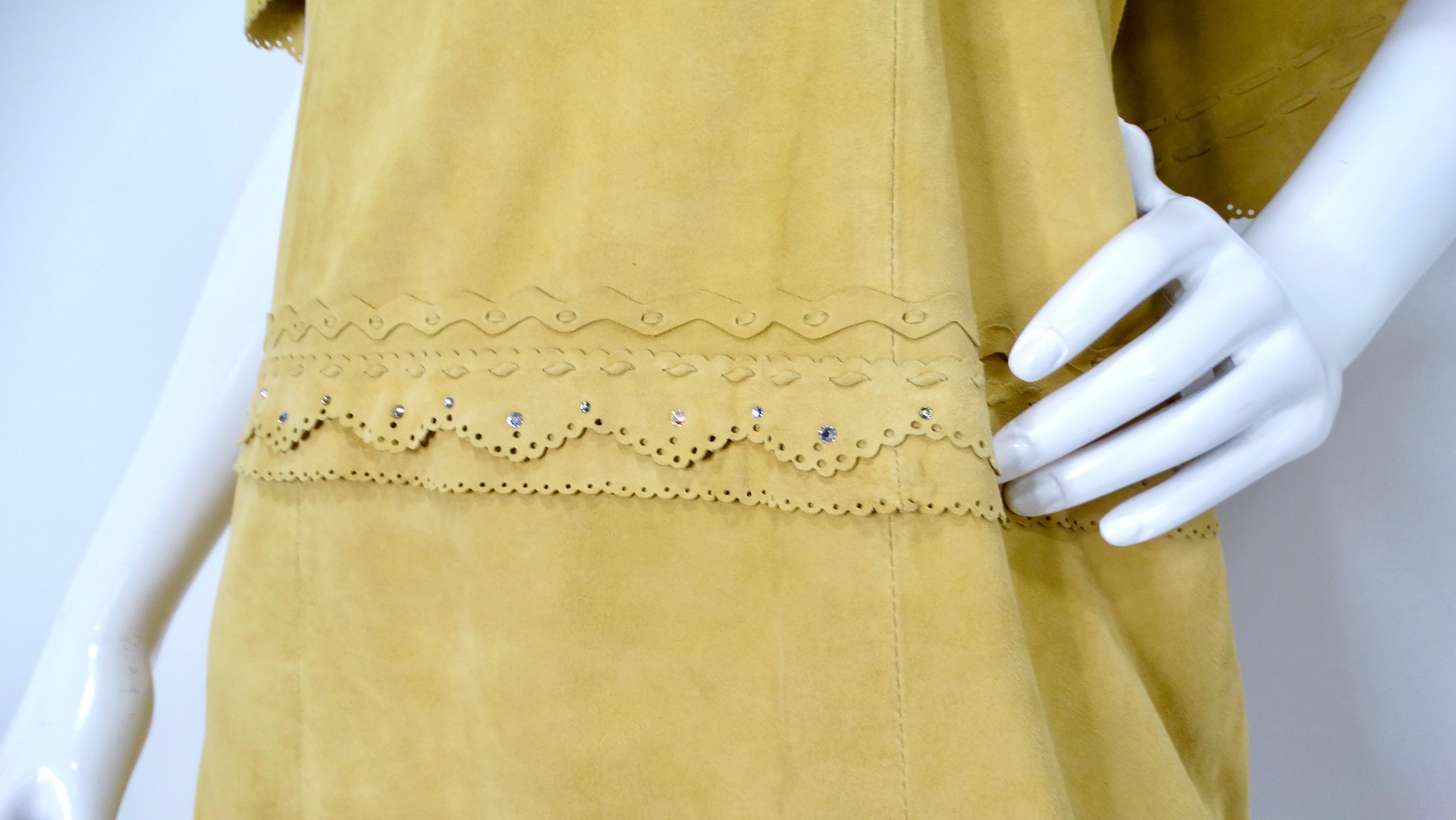 1990s Yellow Suede Sleeveless Dress With Capelet & Rhinestone Details For Sale 1