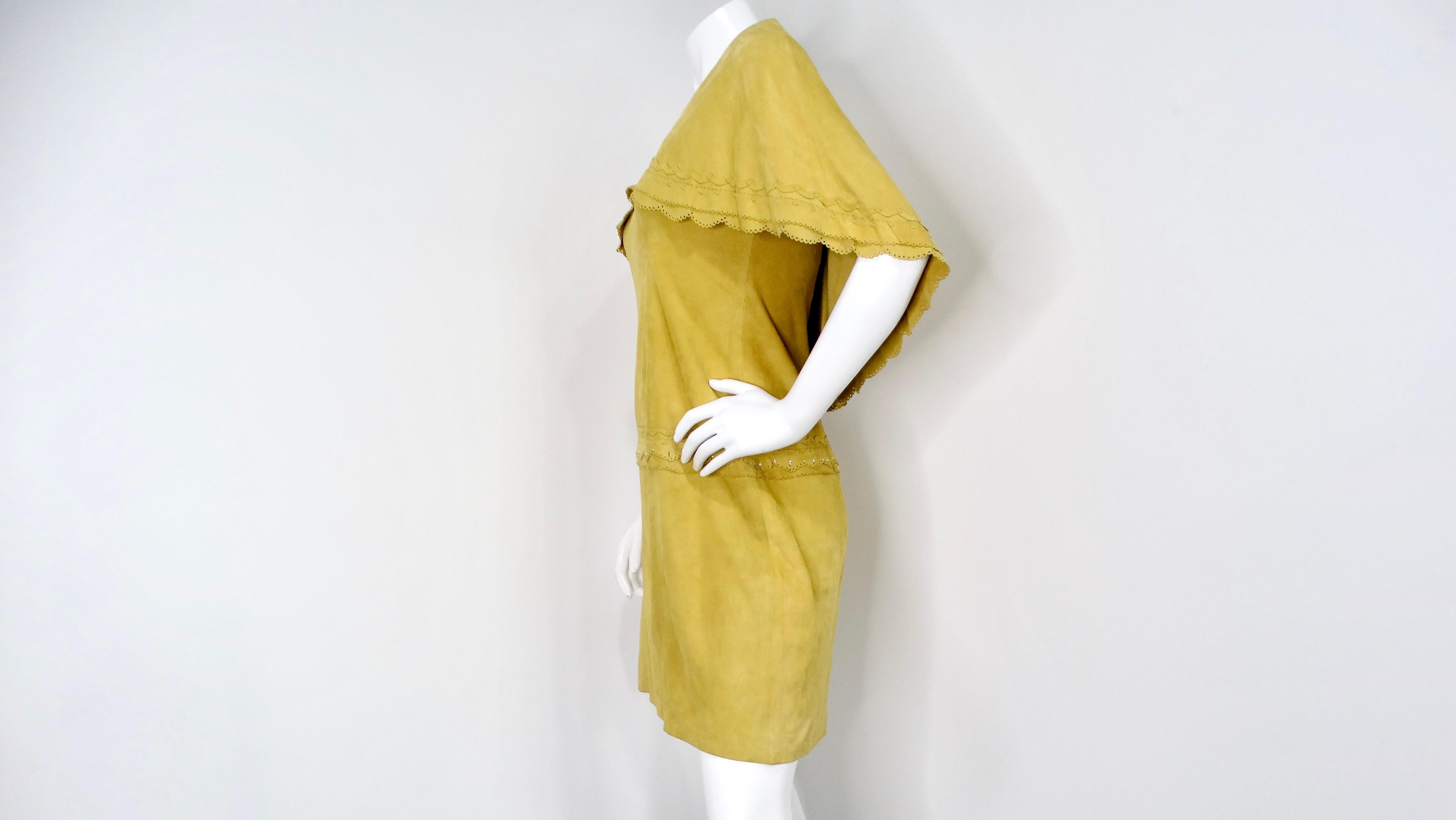 1990s Yellow Suede Sleeveless Dress With Capelet & Rhinestone Details For Sale 2