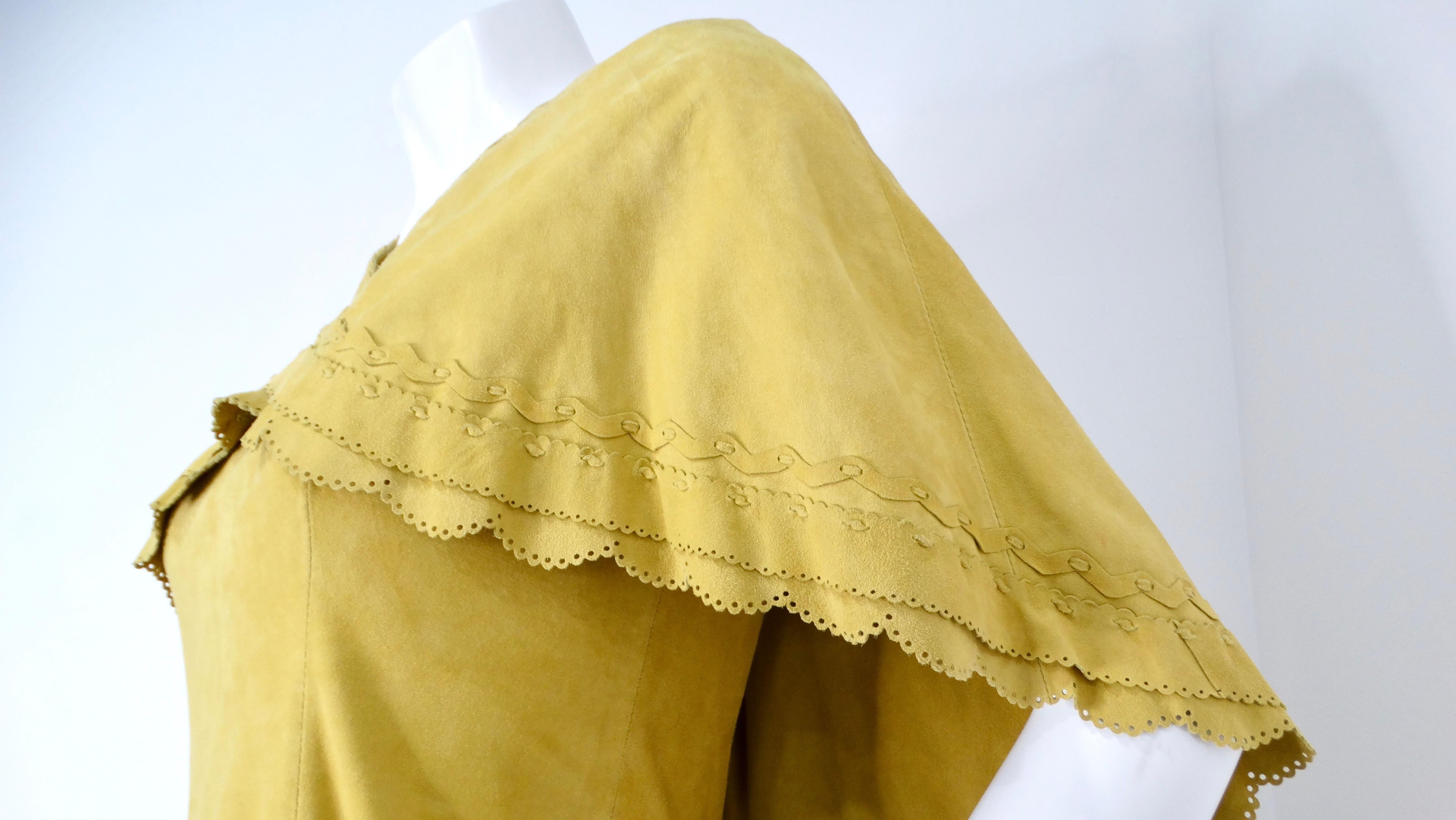 1990s Yellow Suede Sleeveless Dress With Capelet & Rhinestone Details For Sale 3