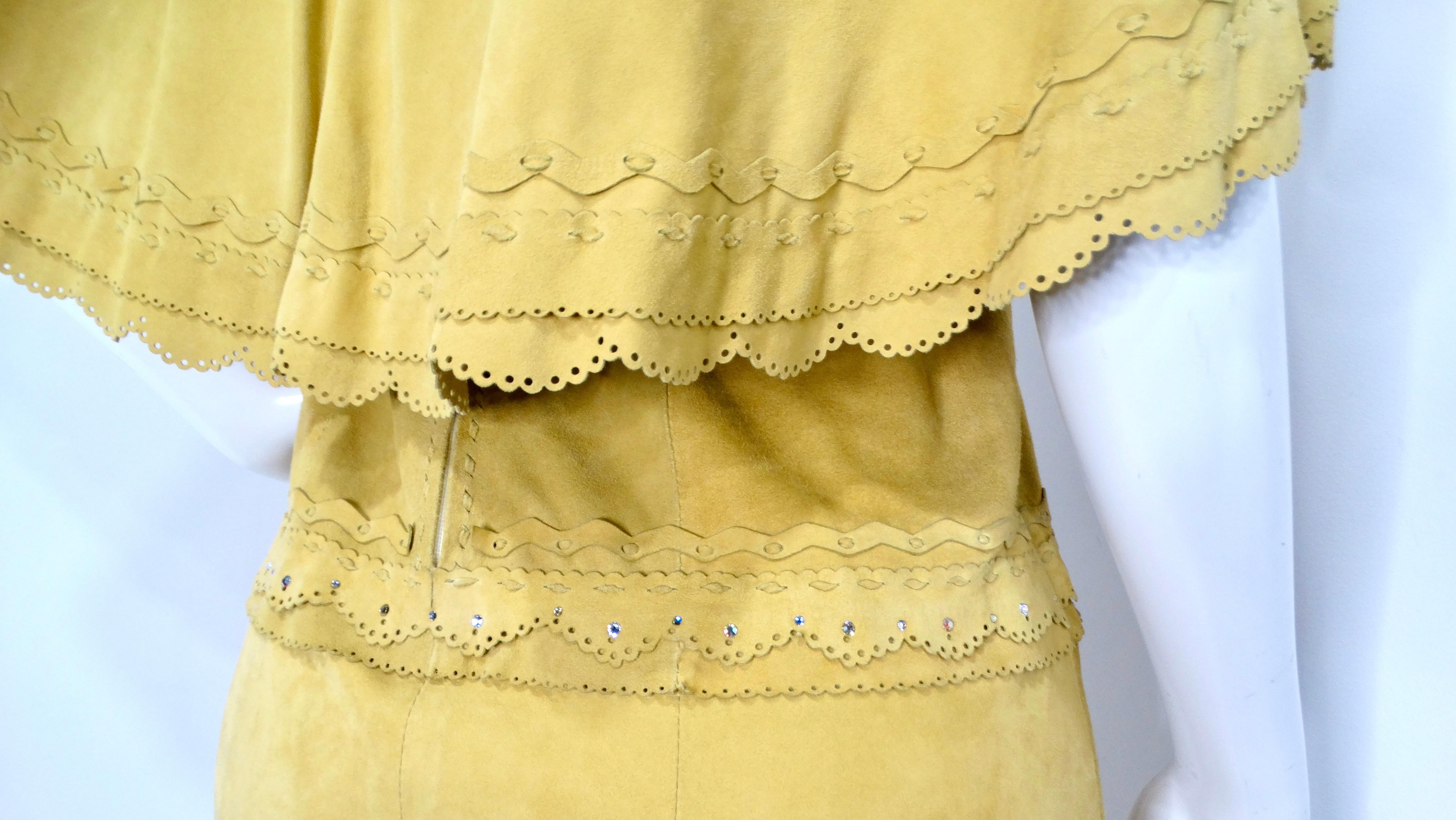 1990s Yellow Suede Sleeveless Dress With Capelet & Rhinestone Details For Sale 4