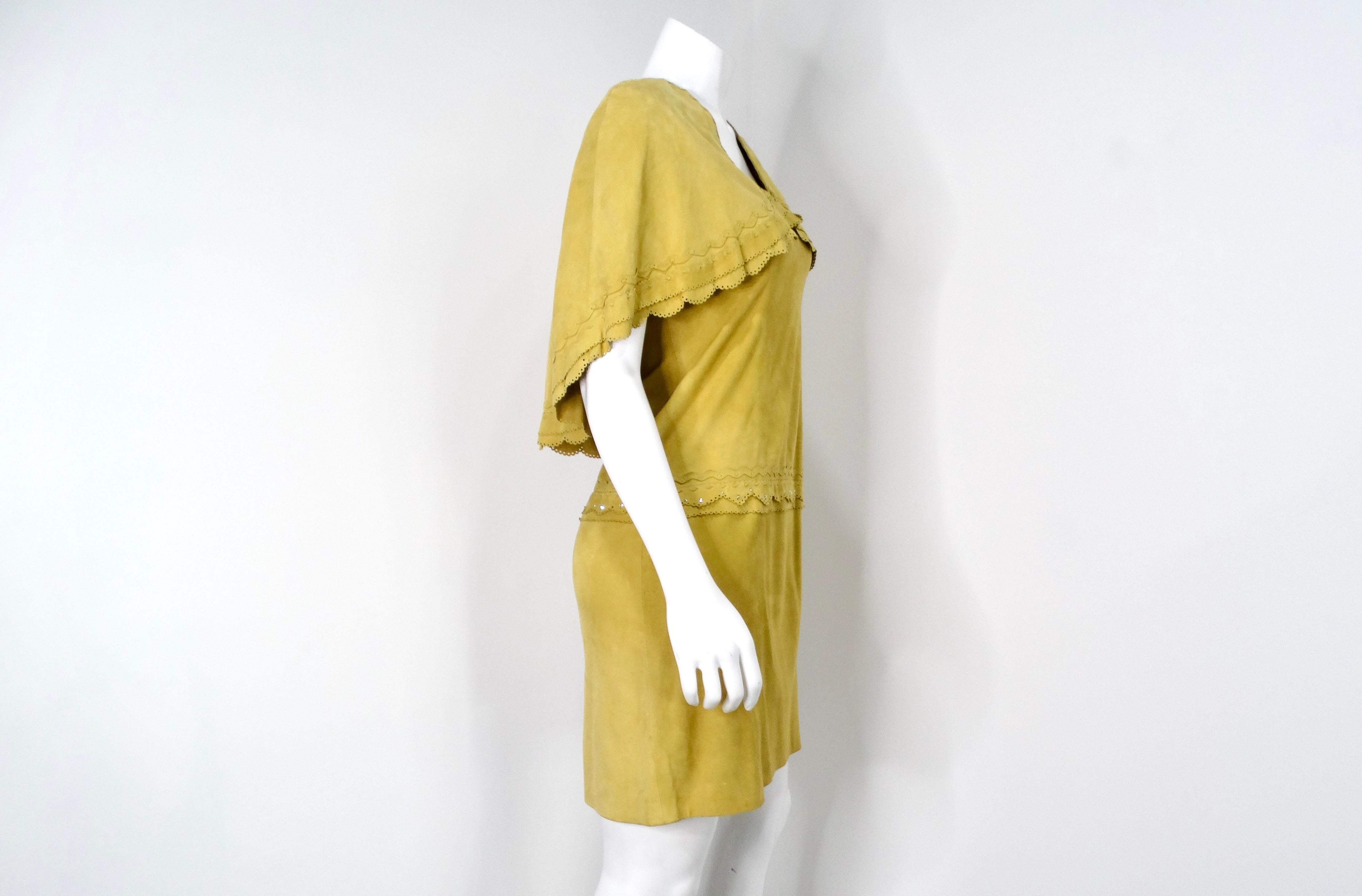 1990s Yellow Suede Sleeveless Dress With Capelet & Rhinestone Details For Sale 5