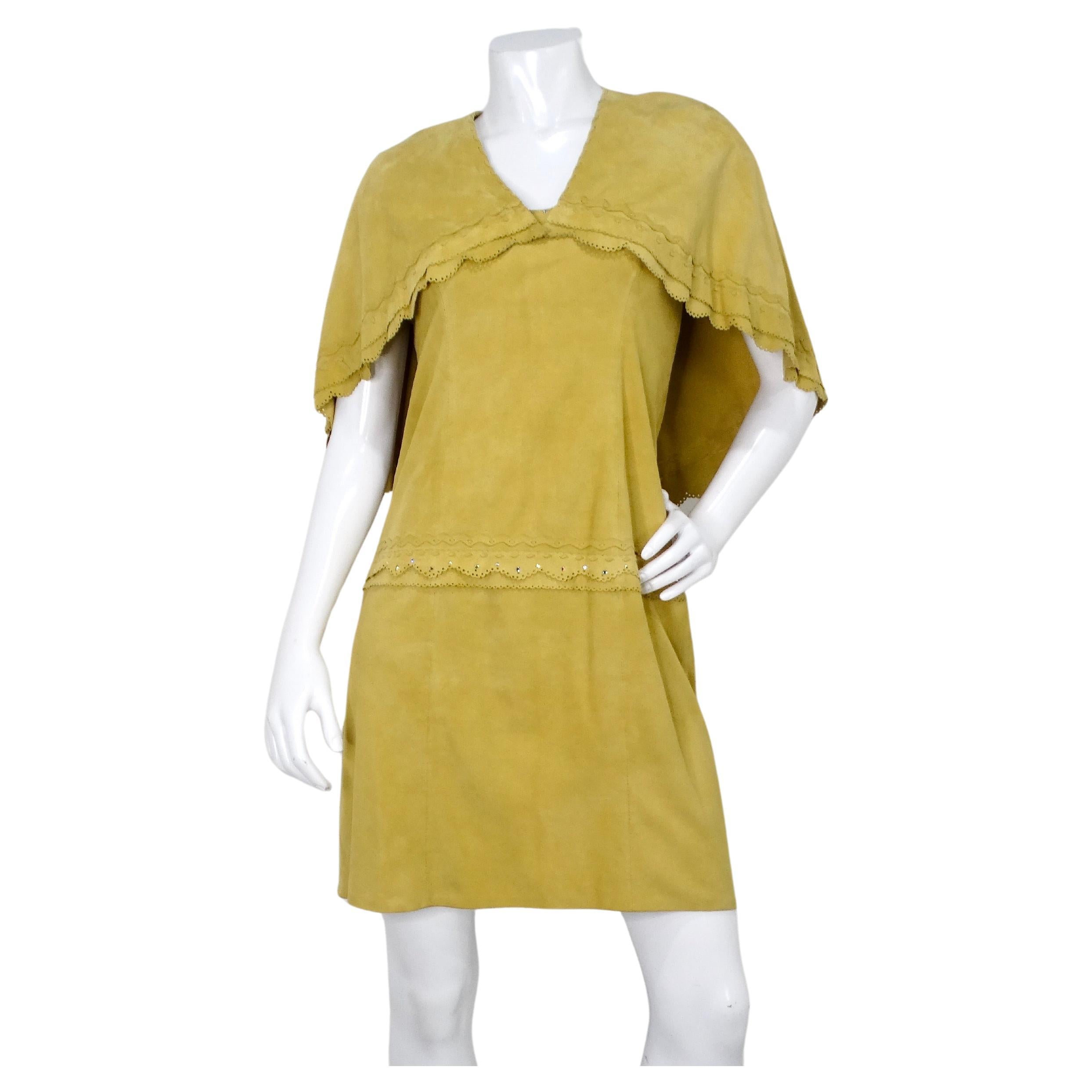 1990s Yellow Suede Sleeveless Dress With Capelet & Rhinestone Details