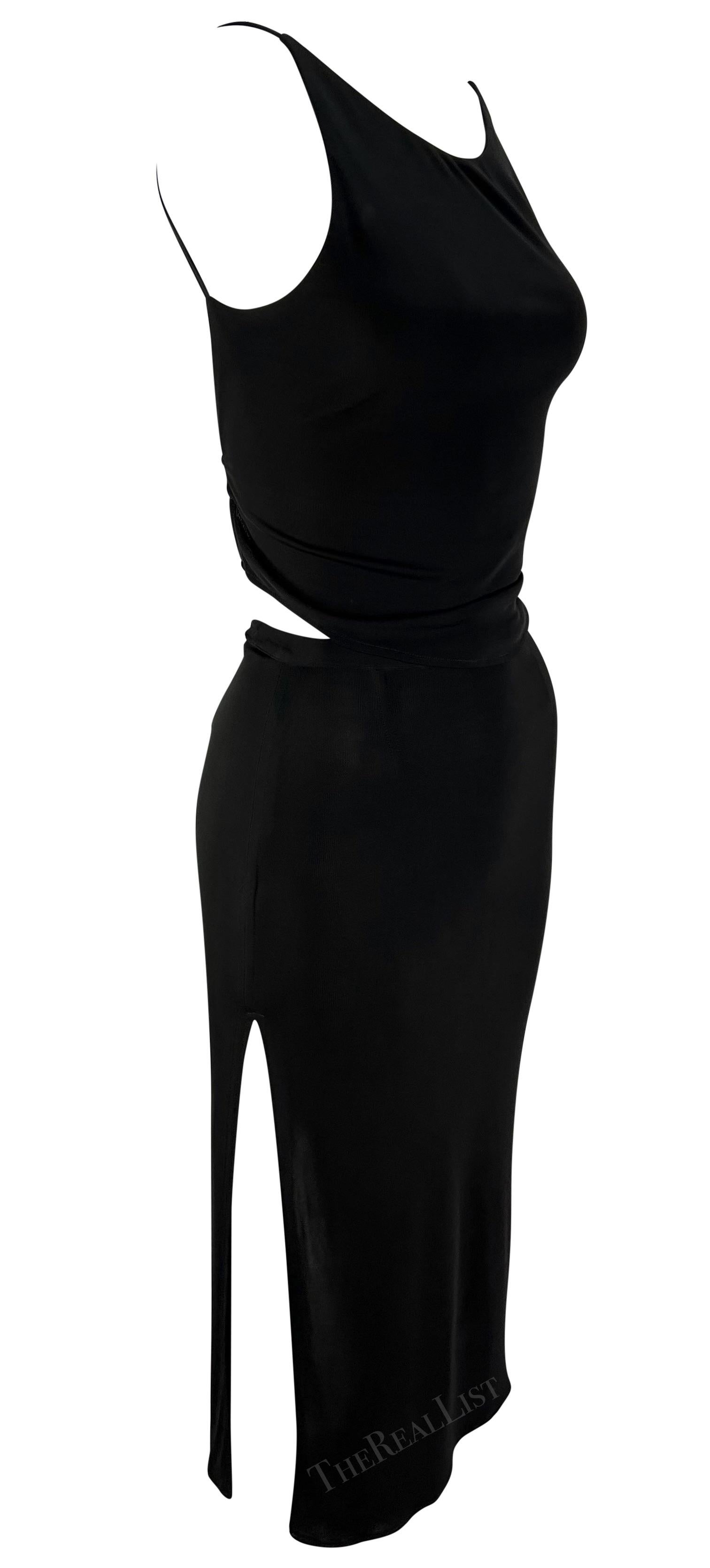 1990 Yigal Azrouël Black Bodycon Backless Crop Top High Slit Skirt Set Excellent état - En vente à West Hollywood, CA