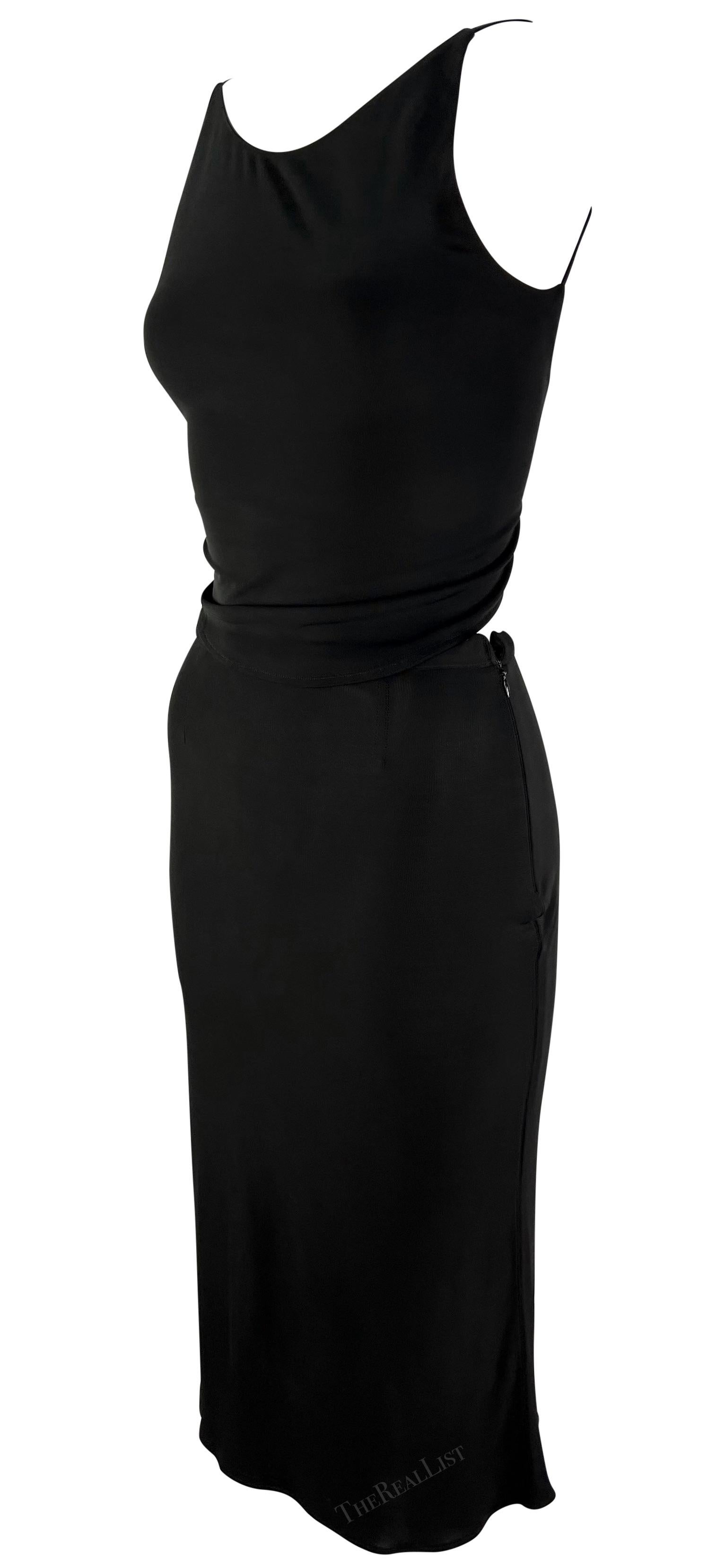 1990s Yigal Azrouël Black Bodycon Backless Crop Top High Slit Skirt Set For Sale 1