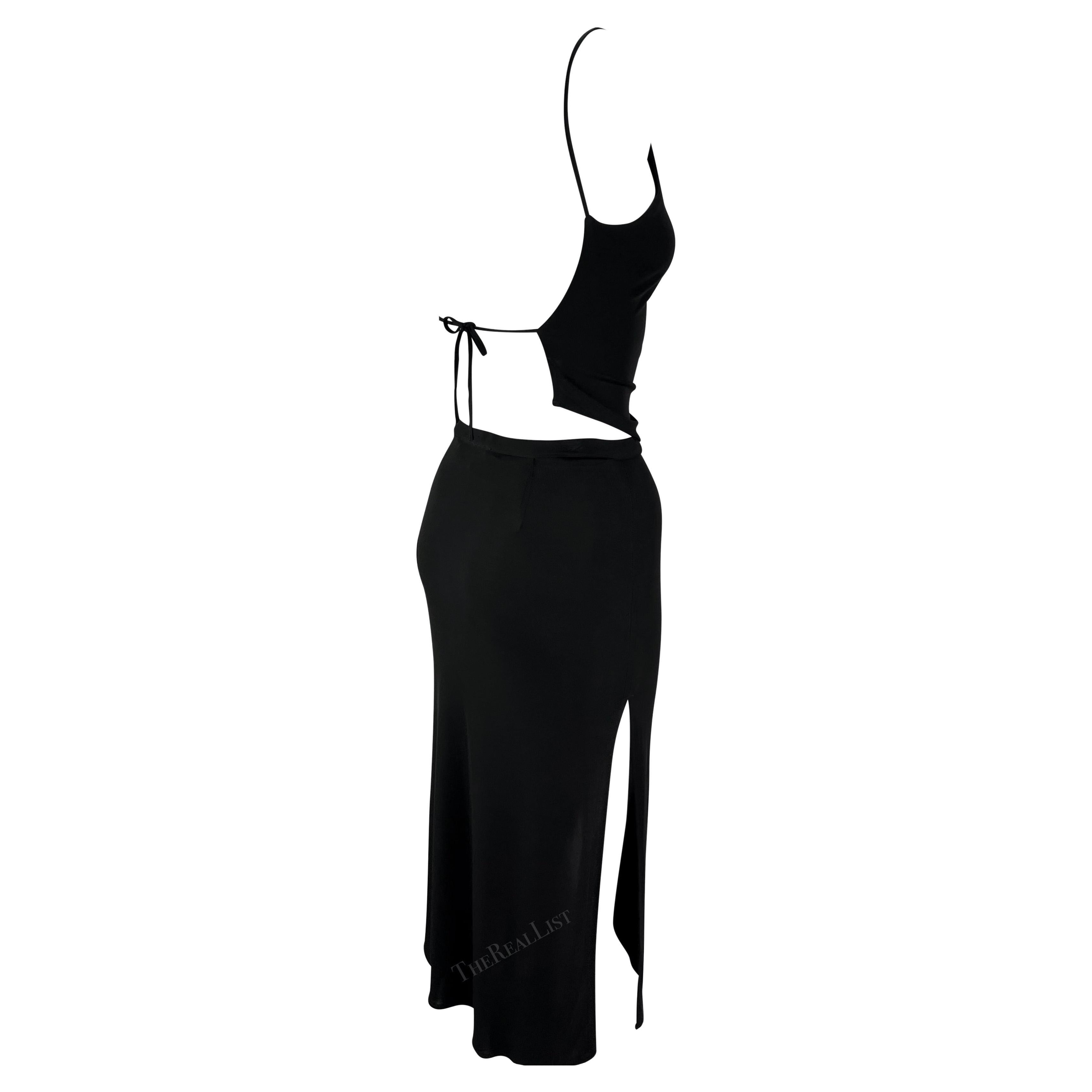 1990s Yigal Azrouël Black Bodycon Backless Crop Top High Slit Skirt Set For Sale