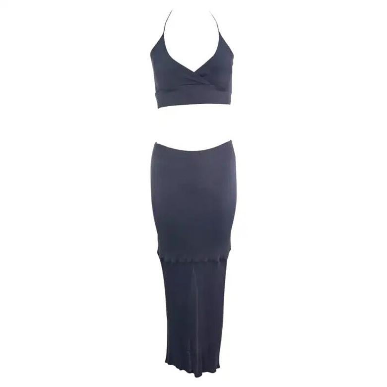 1990 Yigal Azrouël Grey Blue Stretch Halter Neck Bodycon Crop Top Skirt Set