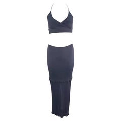 1990s Yigal Azrouël Grau Blau Stretch Neckholder Bodycon Crop Top Rock Set