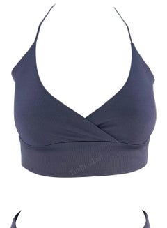 1990s Yigal Azrouël Grey Blue Stretch Halter Neck Bodycon Crop Top Skirt Set