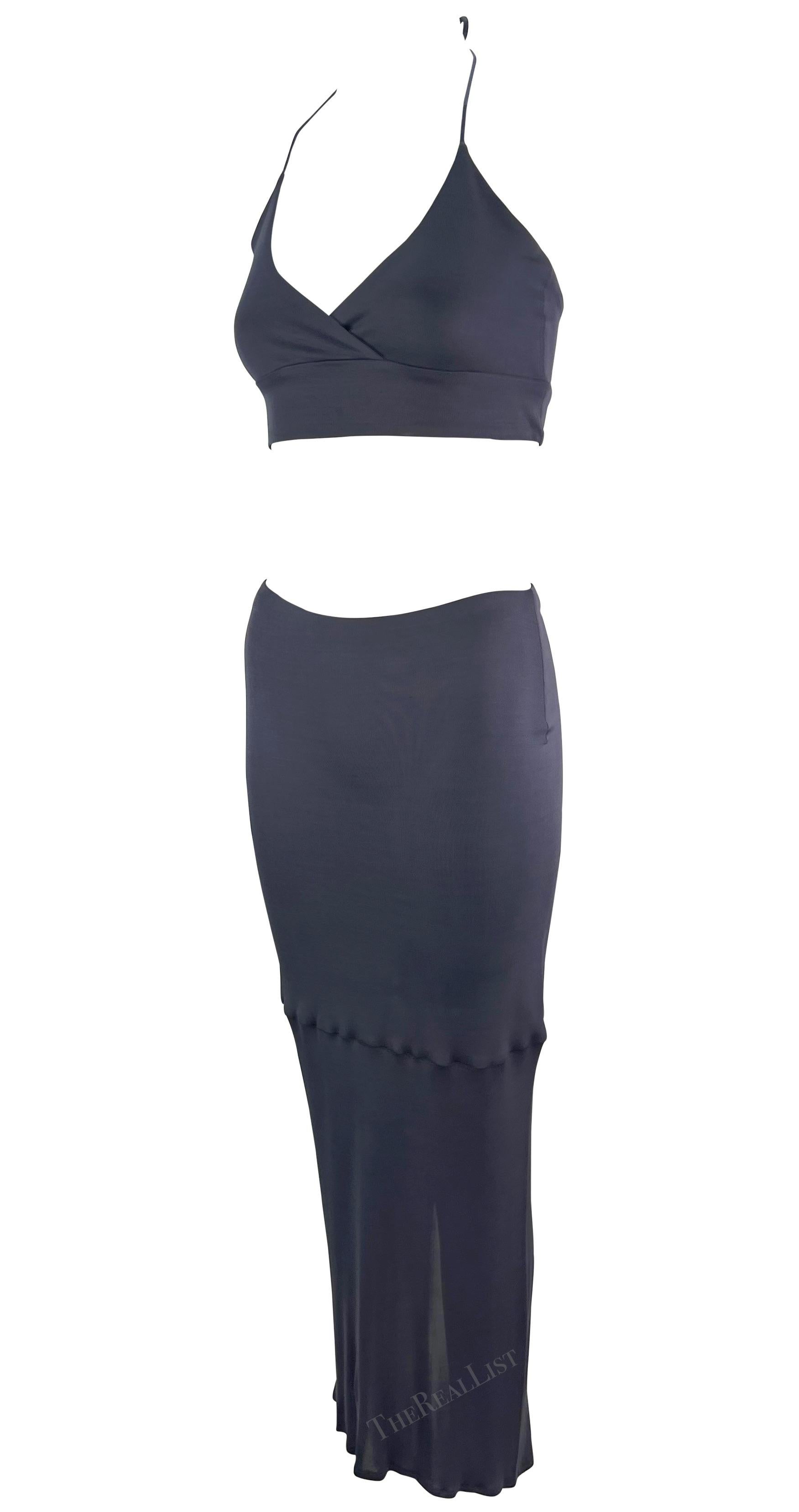 1990s Yigal Azrouël Grey Blue Stretch Halter Neck Bodycon Crop Top Skirt Set  In Good Condition For Sale In West Hollywood, CA