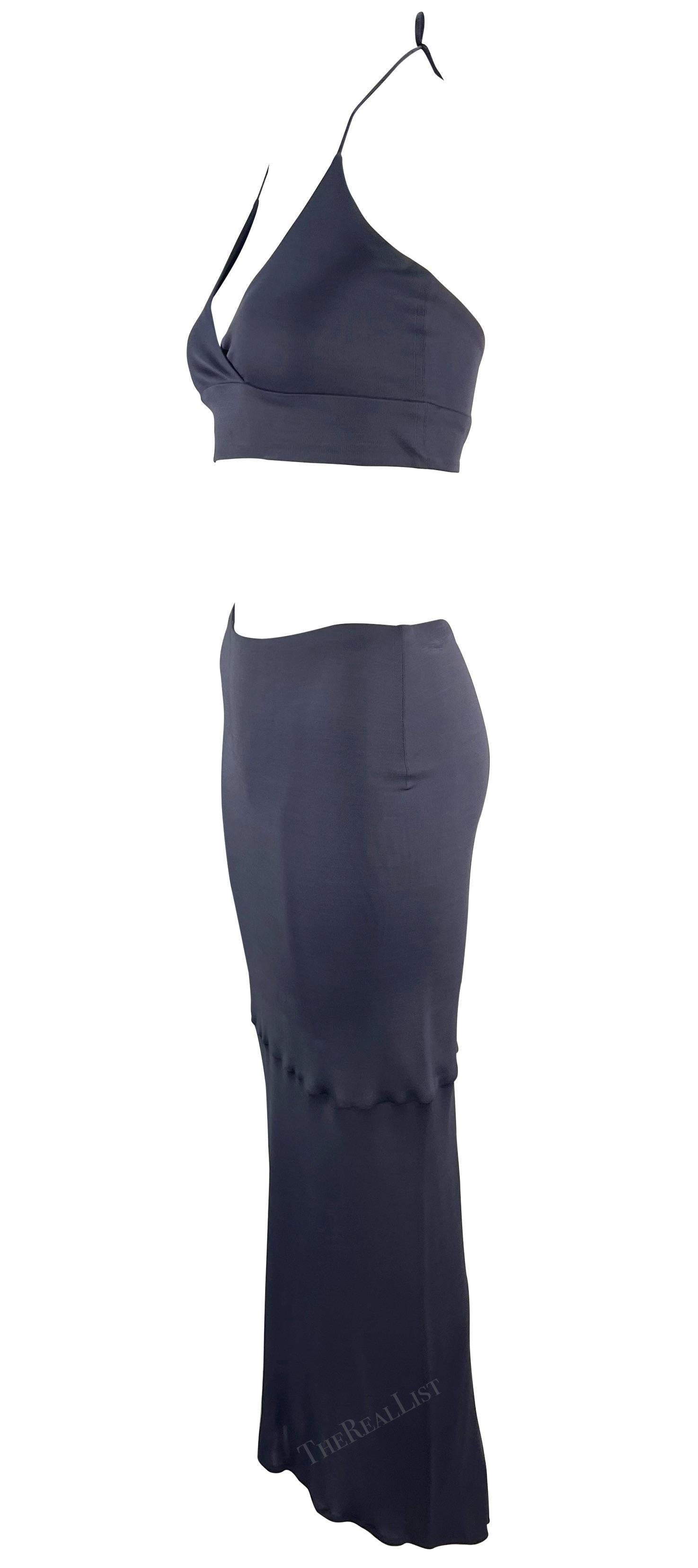 1990s Yigal Azrouël Grau Blau Stretch Neckholder Bodycon Crop Top Rock Set Damen im Angebot
