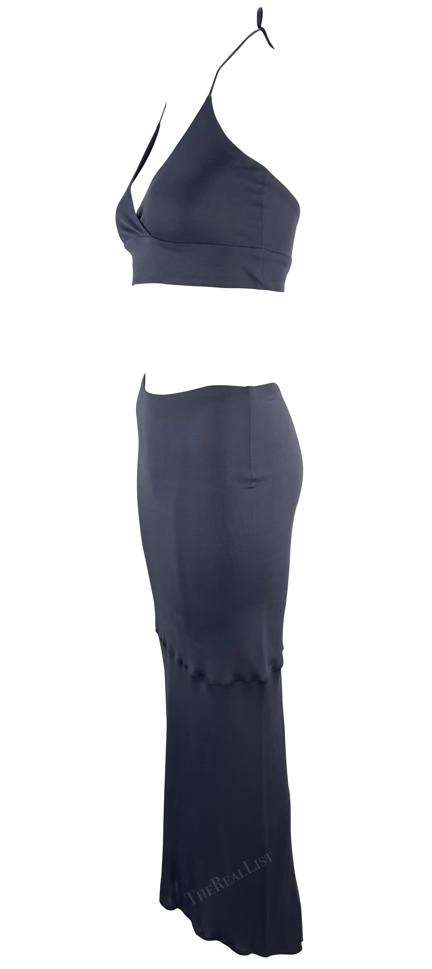 Women's 1990s Yigal Azrouël Grey Blue Stretch Halter Neck Bodycon Crop Top Skirt Set  For Sale