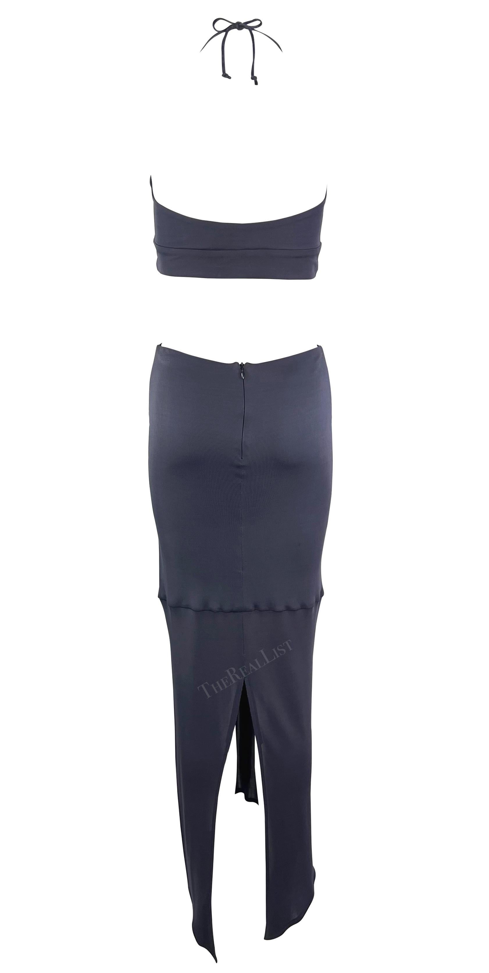 1990 Yigal Azrouël Grey Blue Stretch Halter Neck Bodycon Crop Top Skirt Set  en vente 1