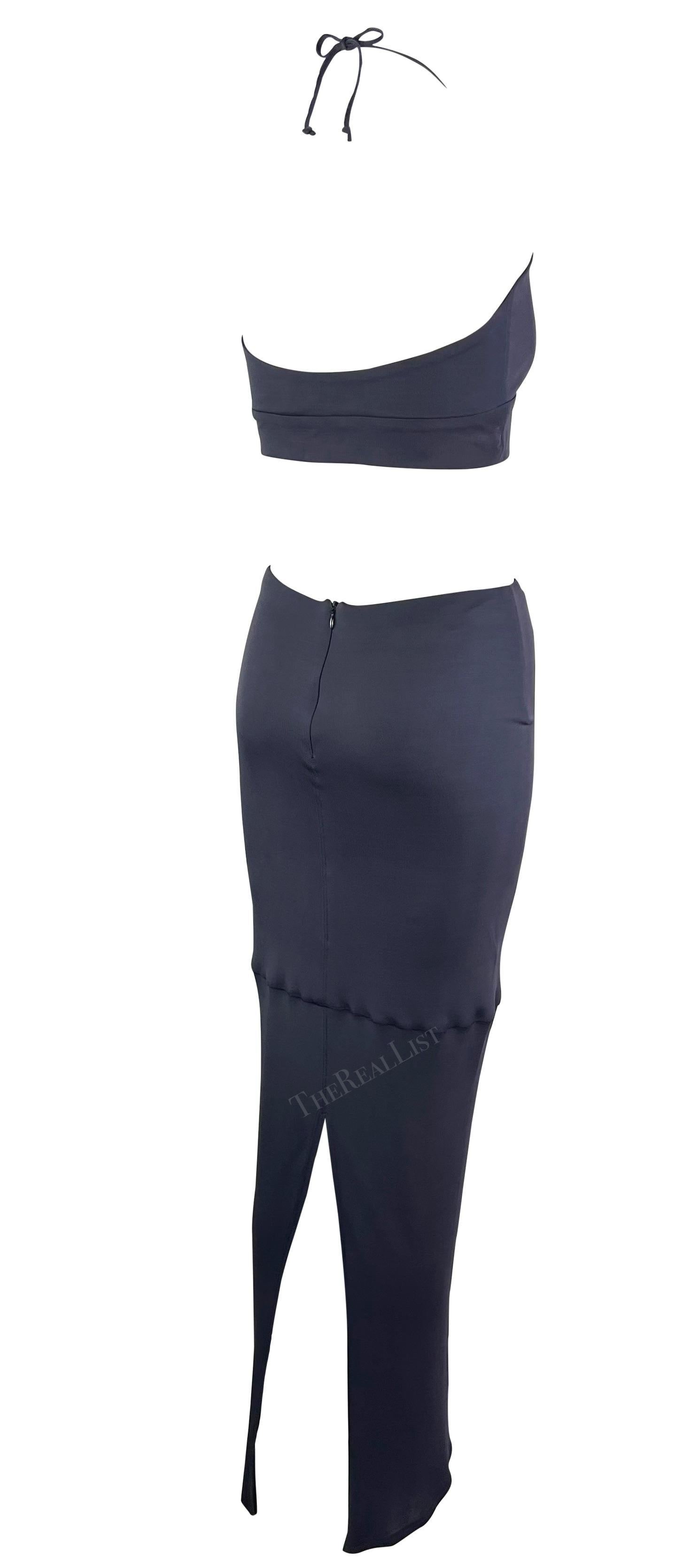 1990s Yigal Azrouël Grey Blue Stretch Halter Neck Bodycon Crop Top Skirt Set For Sale 1