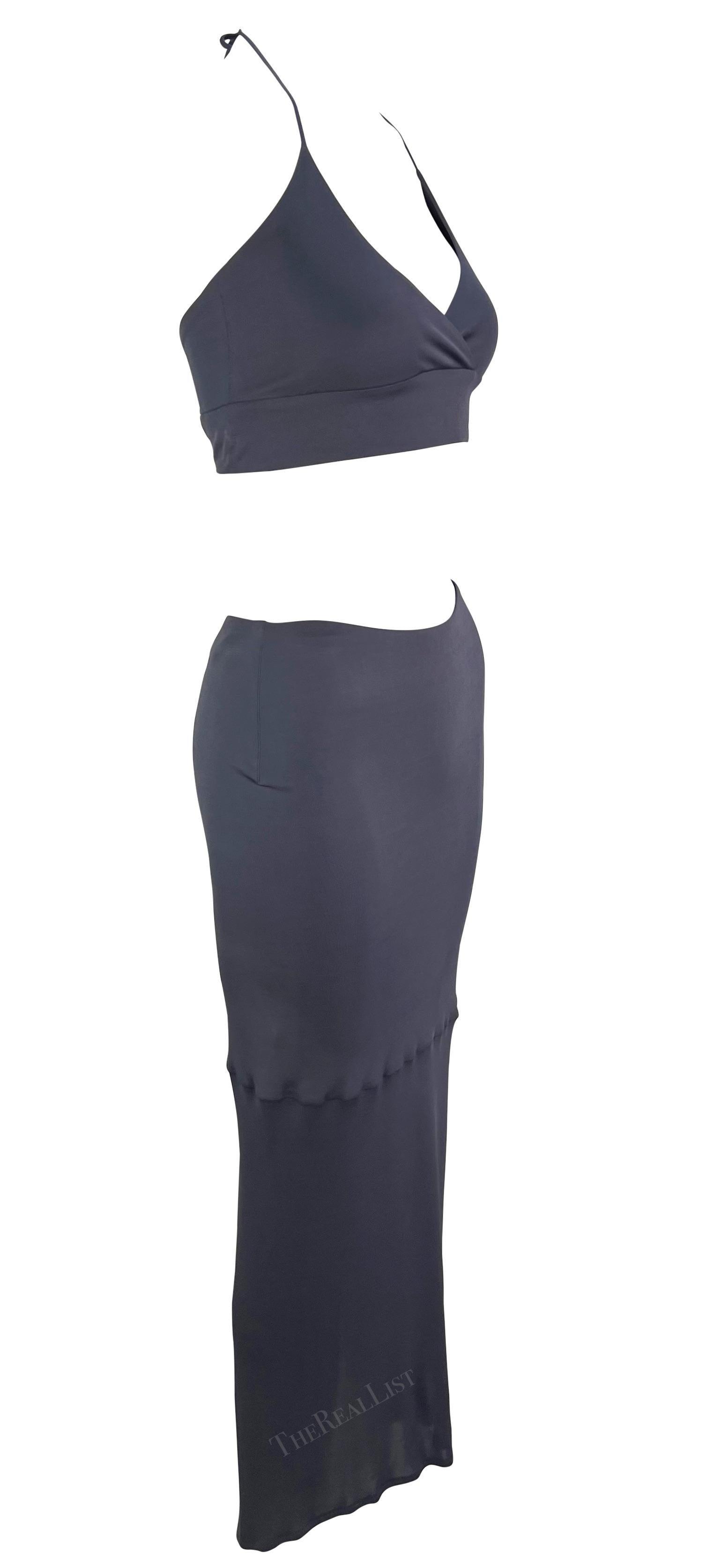 1990 Yigal Azrouël Grey Blue Stretch Halter Neck Bodycon Crop Top Skirt Set  en vente 3