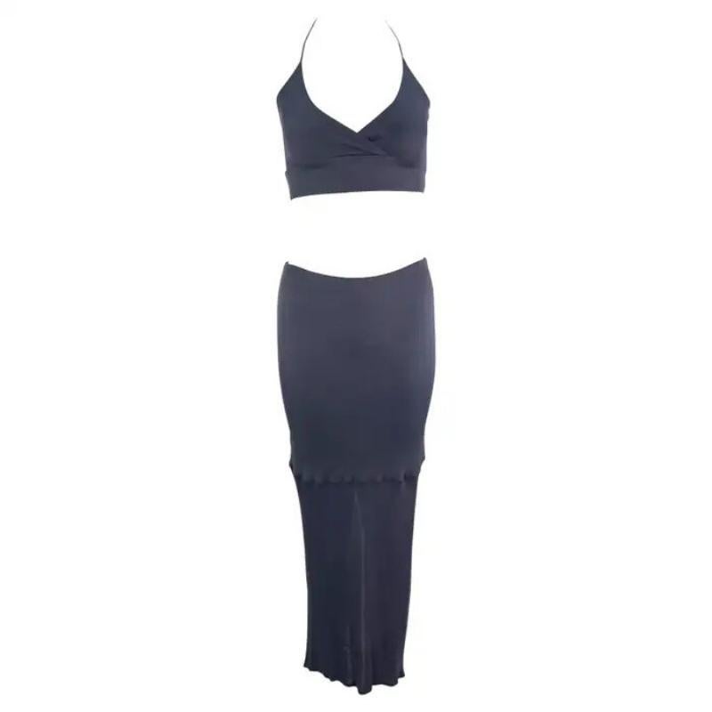 1990 Yigal Azrouël Grey Blue Stretch Halter Neck Bodycon Crop Top Skirt Set en vente