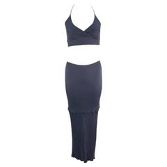 1990s Yigal Azrouël Grey Blue Stretch Halter Neck Bodycon Crop Top Skirt Set