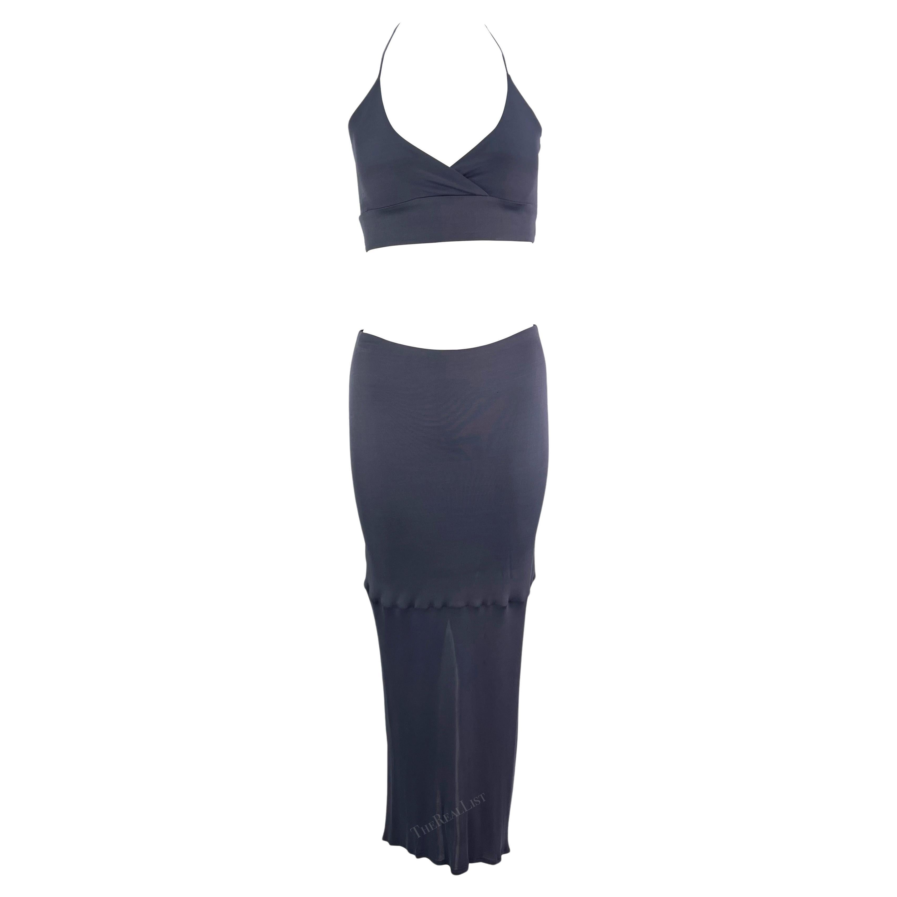 1990s Yigal Azrouël Grey Blue Stretch Halter Neck Bodycon Crop Top Skirt Set  For Sale