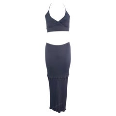1990s Yigal Azrouël Grey Blue Stretch Halter Neck Bodycon Crop Top Skirt Set 