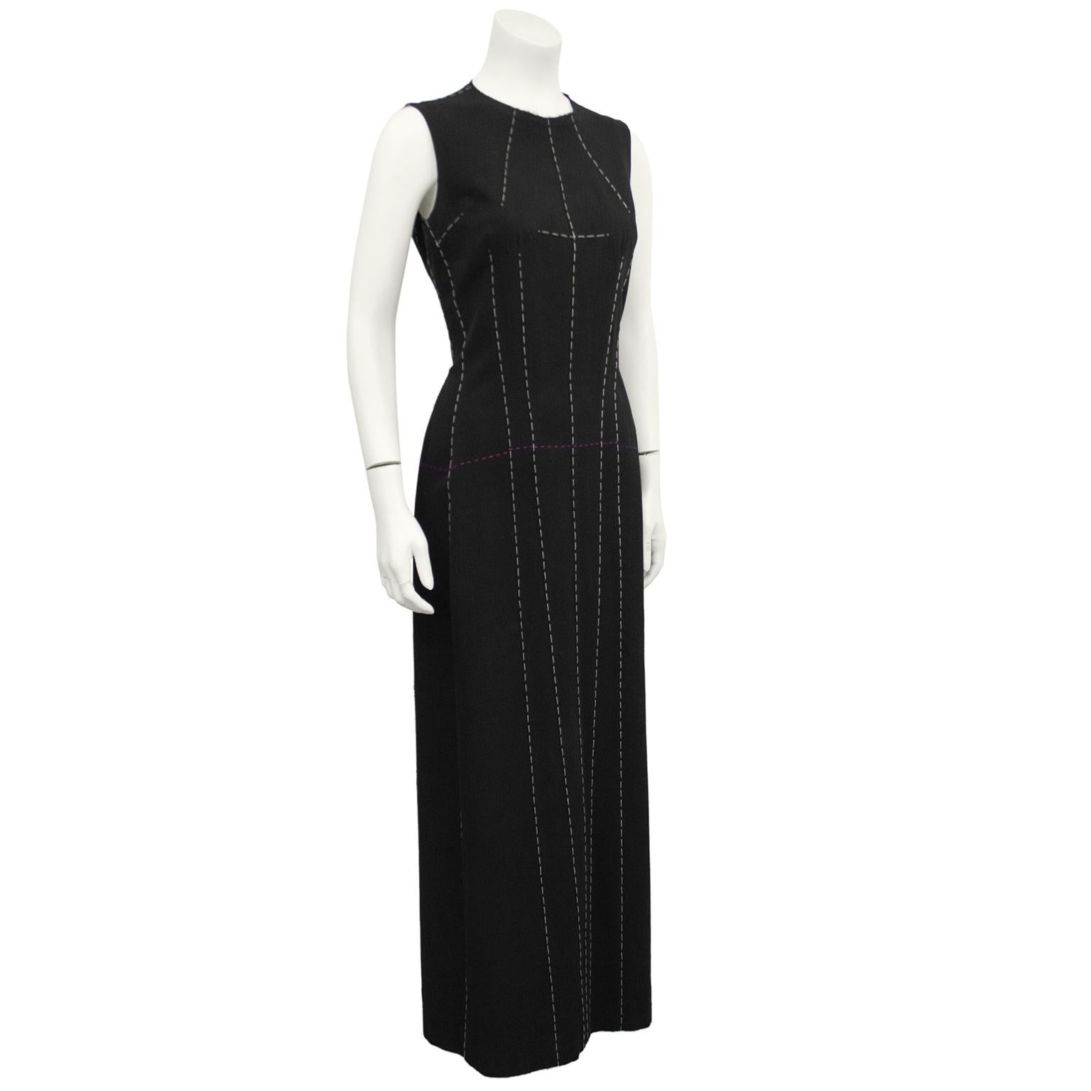 Understated and beautiful deconstructed Yohji Yamamoto sleeveless maxi dress. Black with contrasting white and red top stitching throughout, following the seam lines. Deconstructed style of the top stitching follow where the dress pattern would need