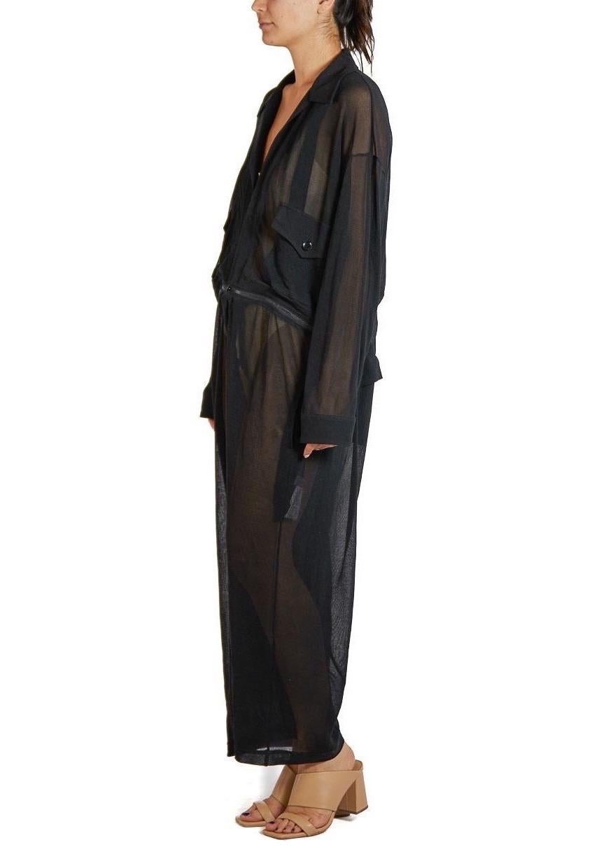 1990S YOHJI YAMAMOTO Black Sheer Paper Fiber Convertible Zip-Apart Jumpsuit In Excellent Condition For Sale In New York, NY
