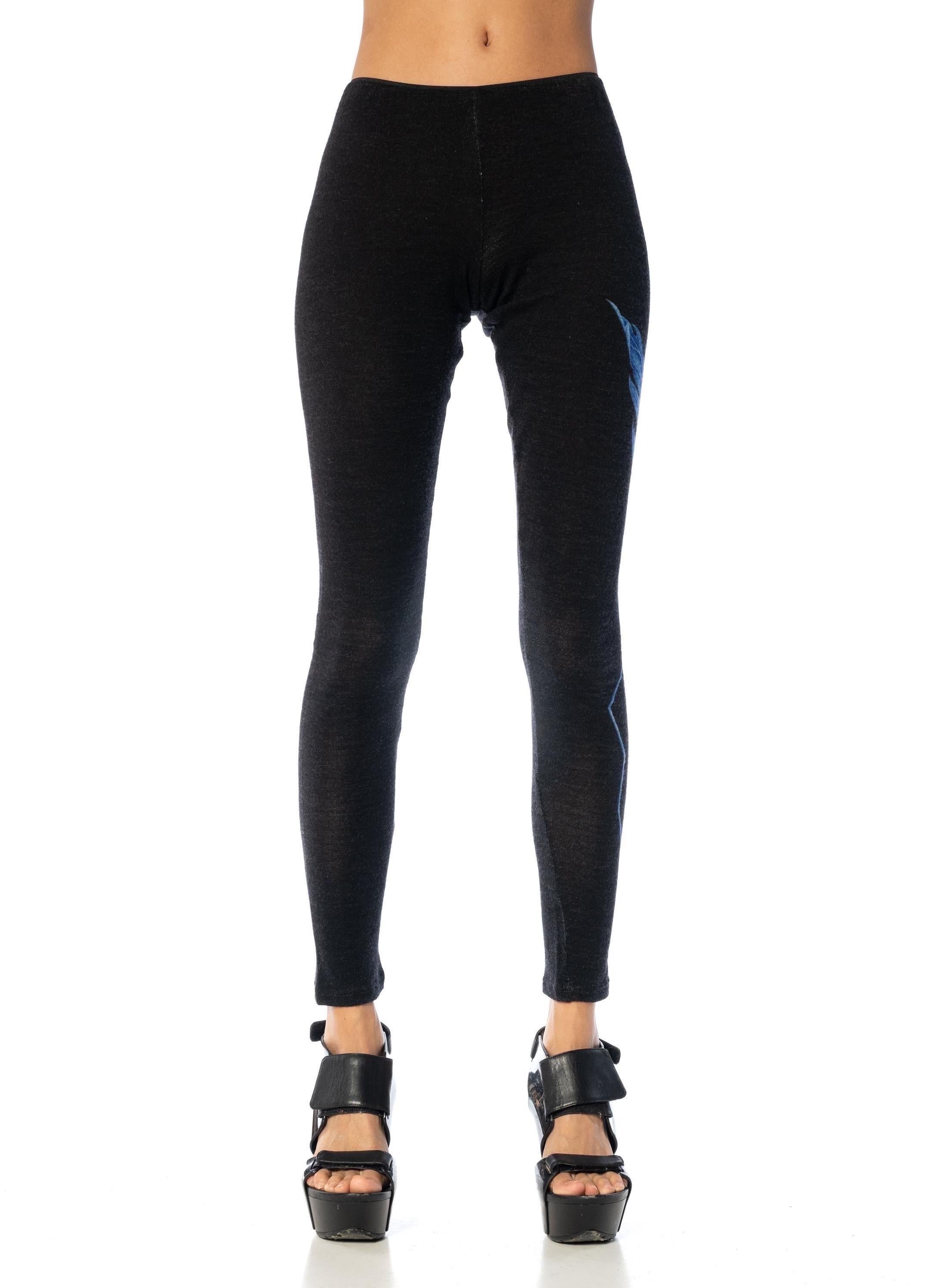 1990S YOHJI YAMAMOTO Black Wool Blend Leggings With Blue Tropical Leaf In Excellent Condition For Sale In New York, NY