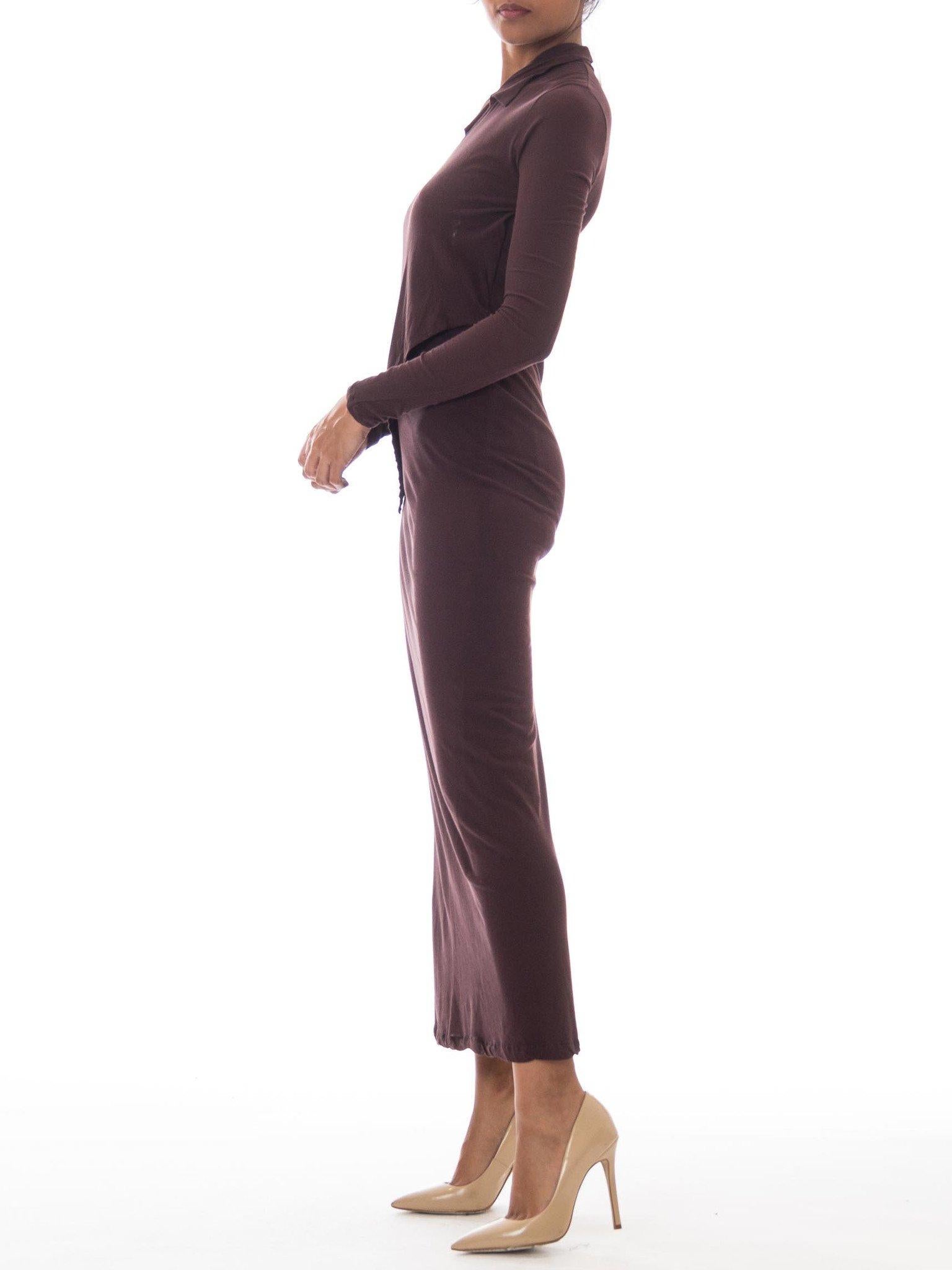 1990S YOHJI YAMAMOTO Brown Jersey Long Sleeve Layered Maxi Dress In Excellent Condition For Sale In New York, NY