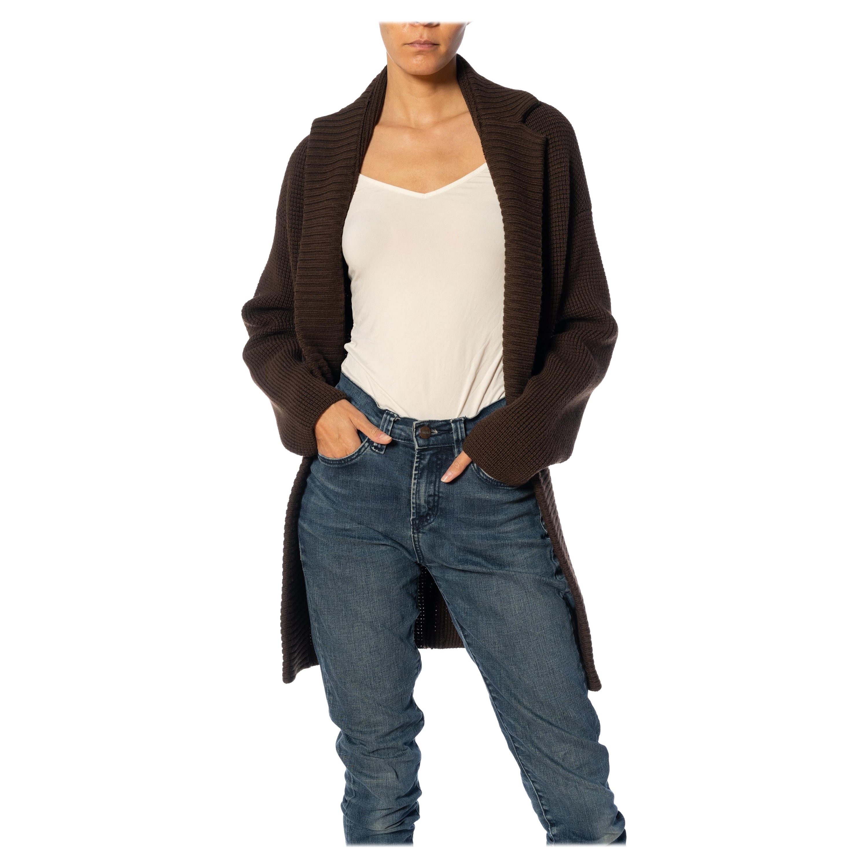 1990S YOHJI YAMAMOTO Brown Wool Knit Long Sleeve Cardigan en vente