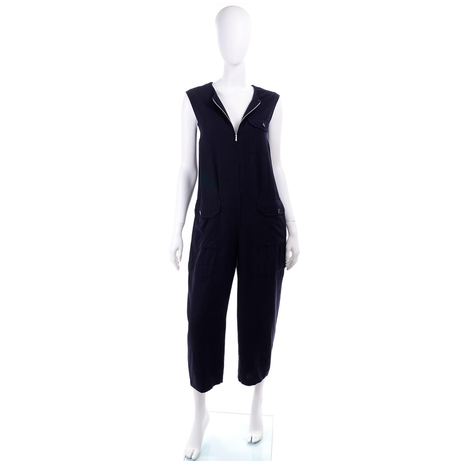 Black 1990s Yohji Yamamoto Vintage Navy Blue Wool Sleeveless Jumpsuit