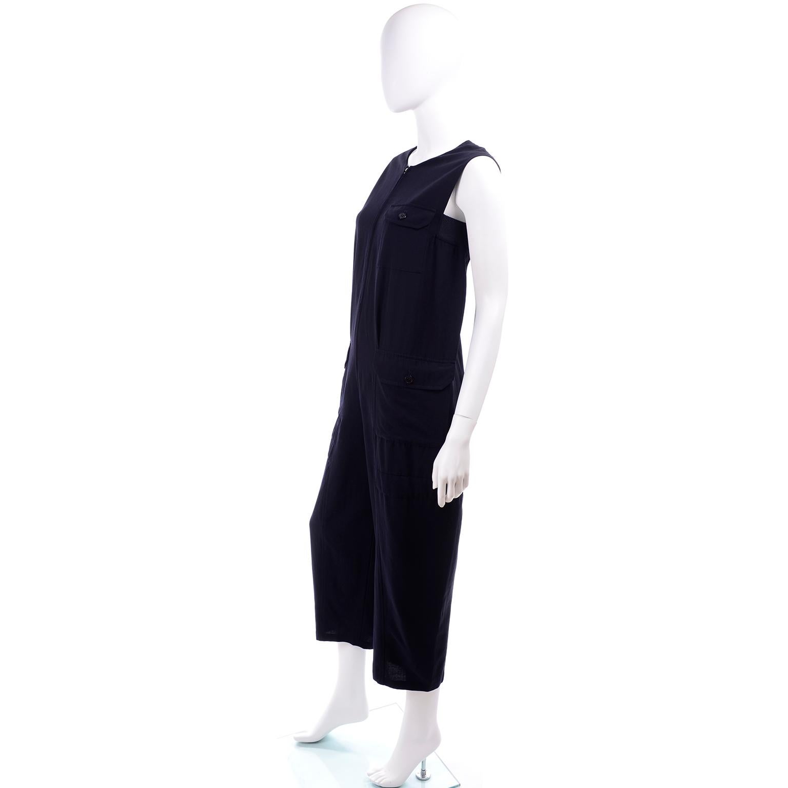 1990s Yohji Yamamoto Vintage Navy Blue Wool Sleeveless Jumpsuit In Excellent Condition In Portland, OR