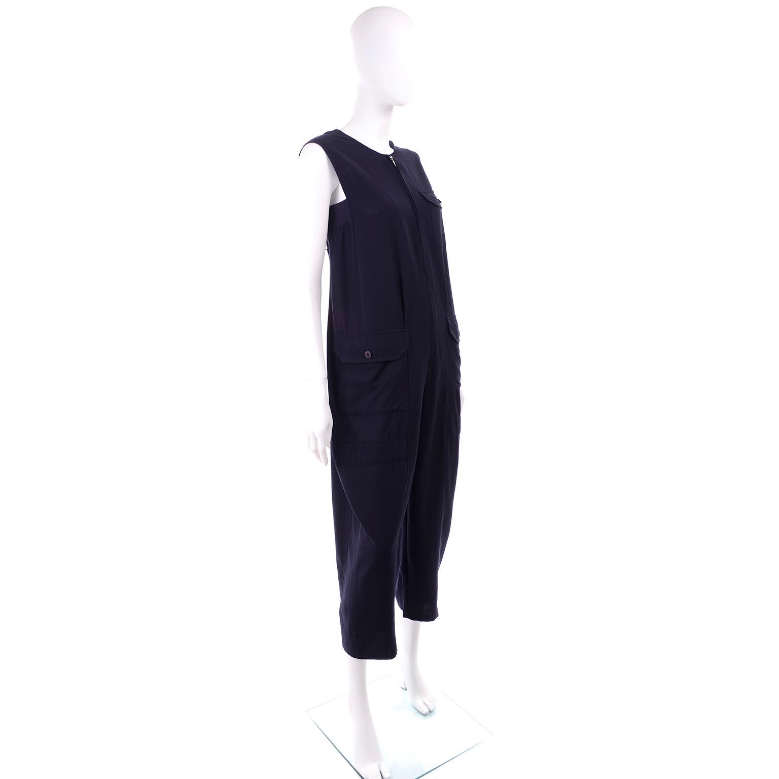 1990s Yohji Yamamoto Vintage Navy Blue Wool Sleeveless Jumpsuit 3