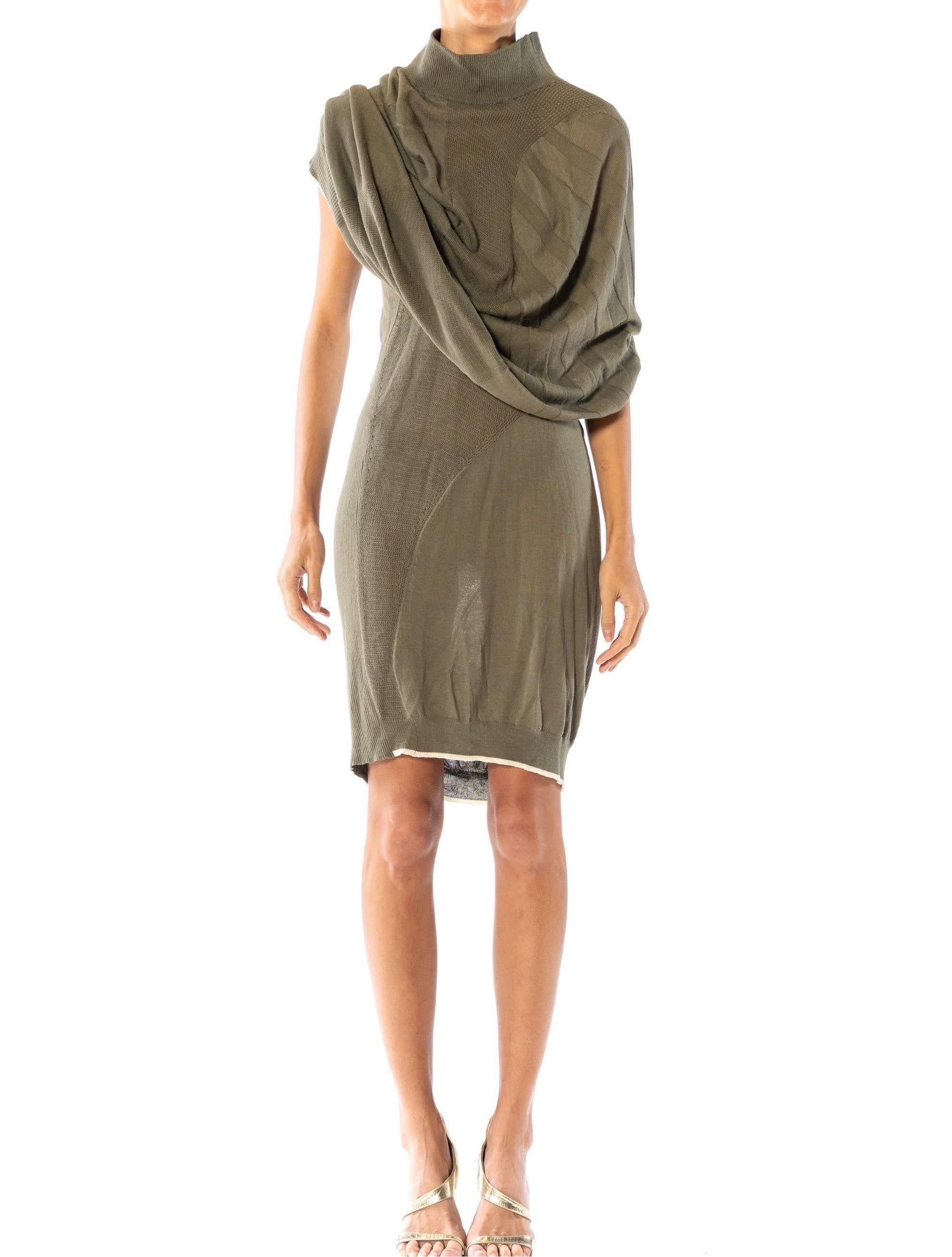 1990S Y’S YOHJI YAMAMOTO Olive Green Cotton / Rayon Knit Cocoon & Dress Ensemble With Cream Trim