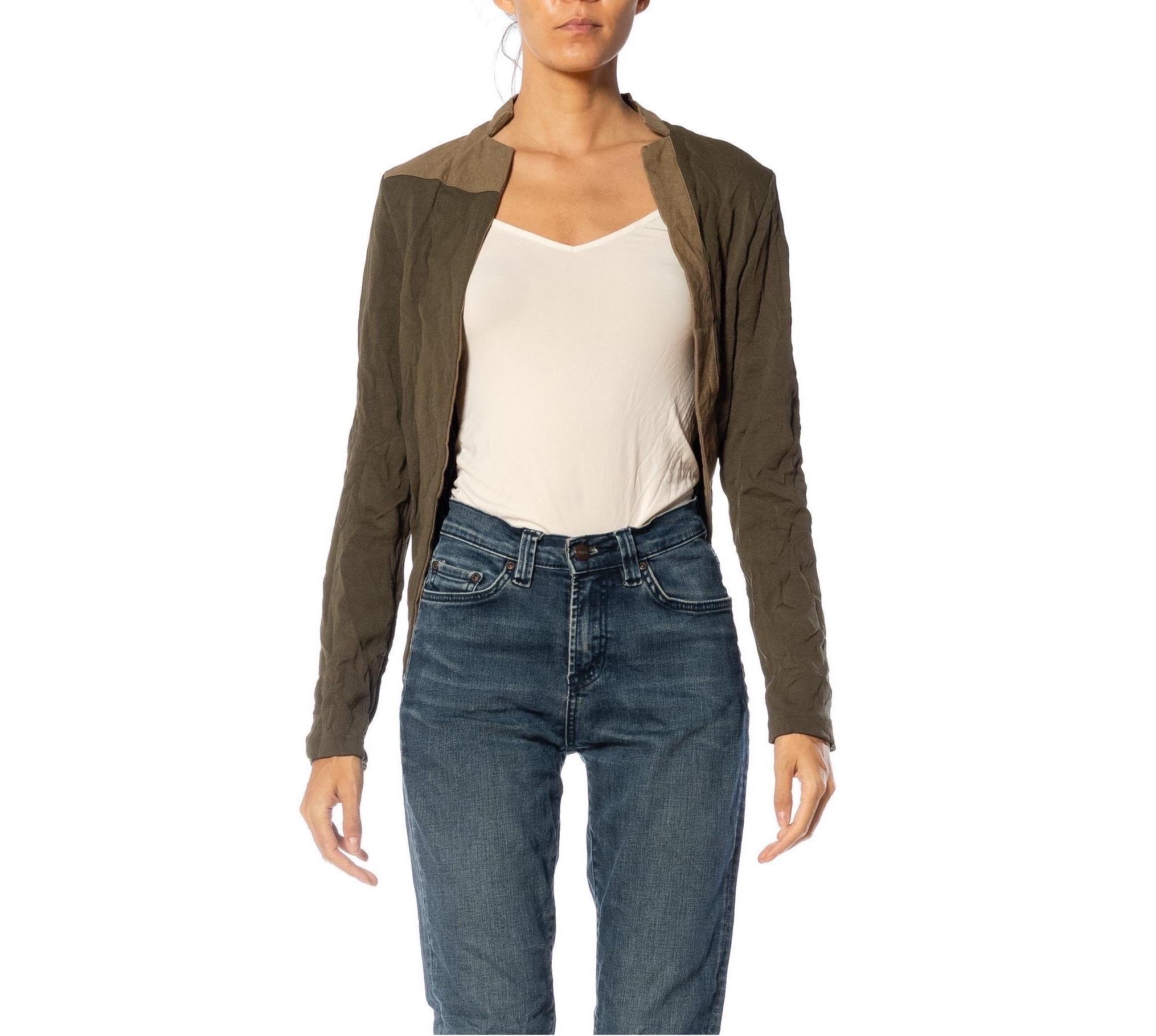 1990S Y’S YOHJI YAMAMOTO Olive & Tan Poly/Cotton Asymmetrical Crumpled Cardigan In Excellent Condition For Sale In New York, NY