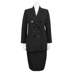 1990s YSL Black Gabardine Double Breasted Skirt Suit