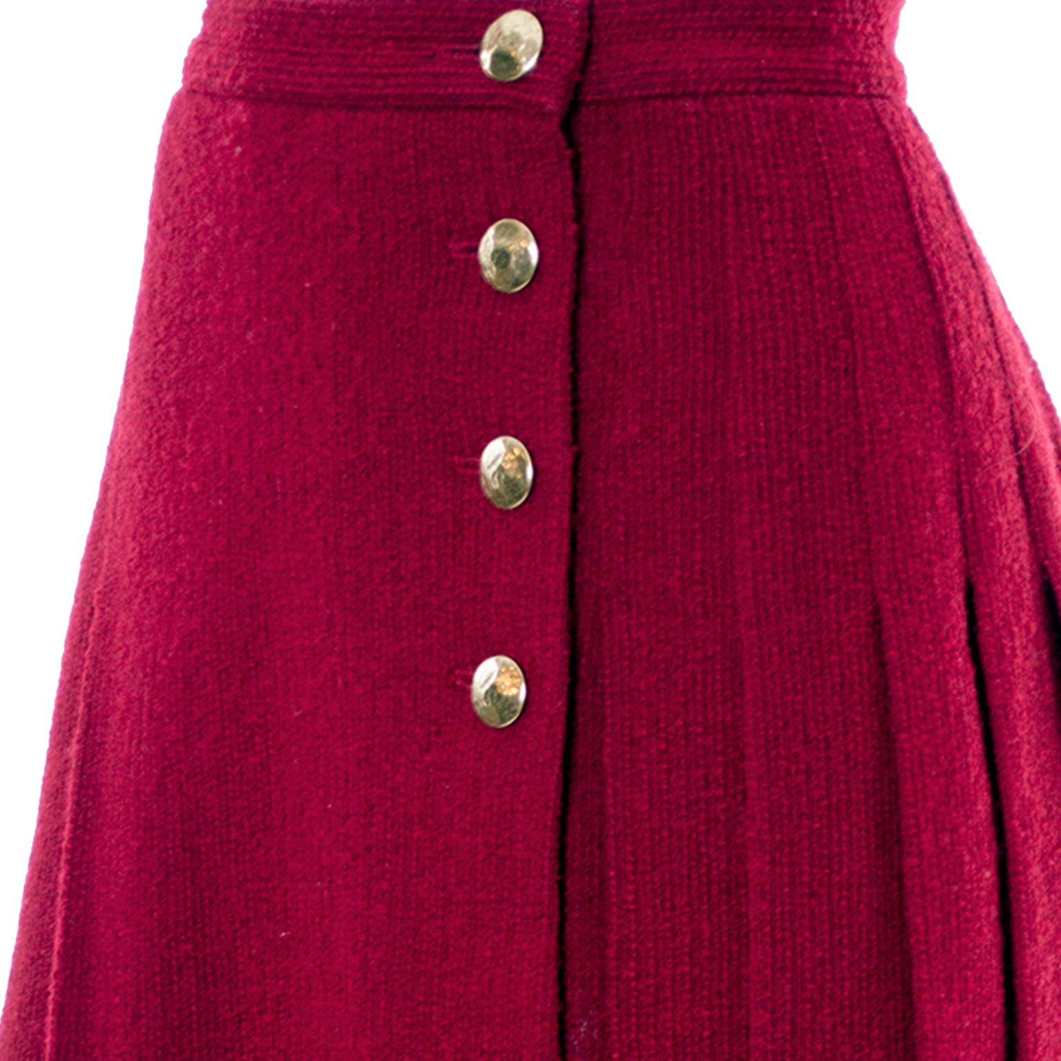 Yves Saint Laurent YSL Vintage Burgundy Red Boucle Wool Pleated 1990s Skirt In Excellent Condition In Portland, OR