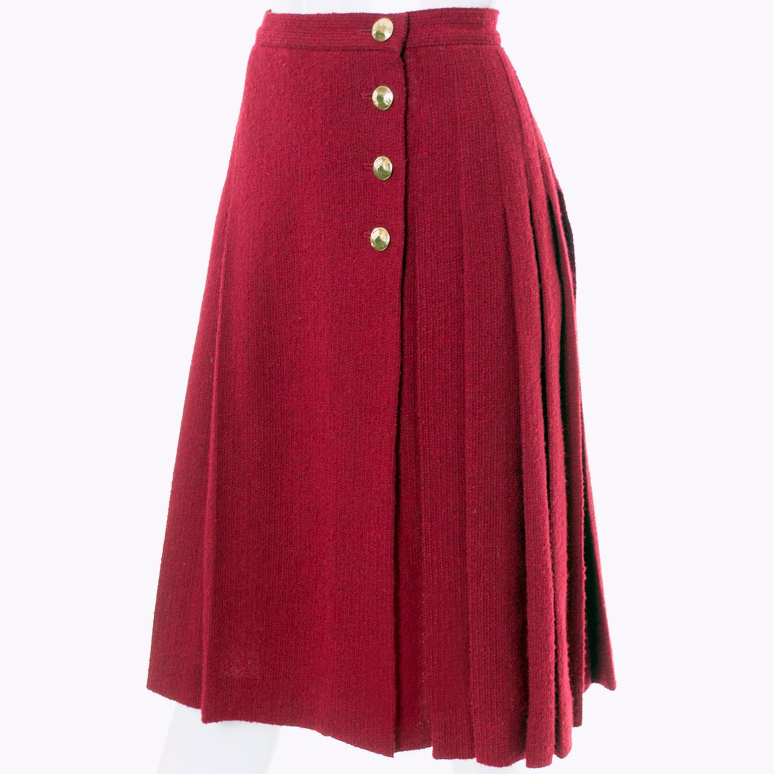 Yves Saint Laurent YSL Vintage Burgundy Red Boucle Wool Pleated 1990s Skirt 1