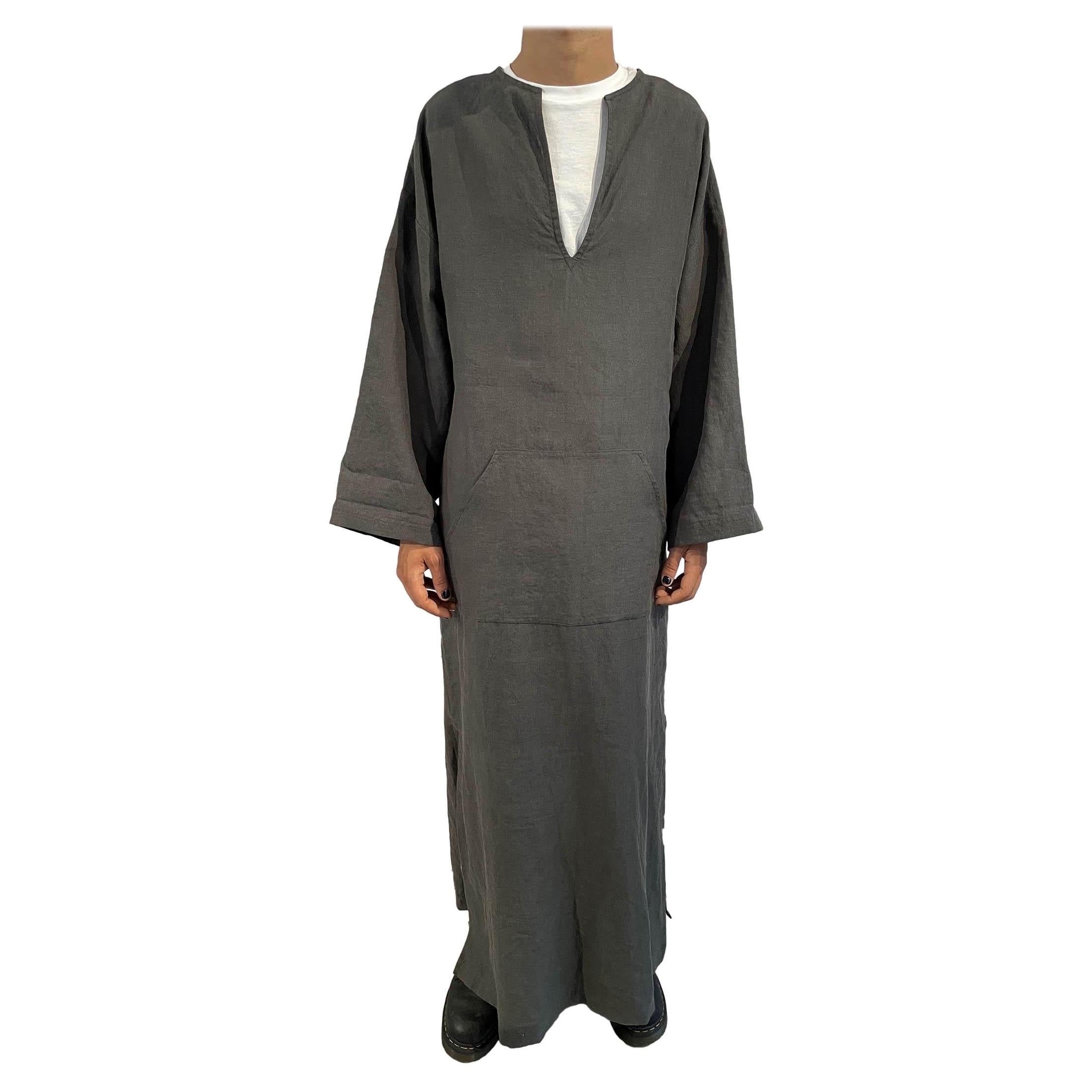 1990S YUME Grau Leinen V-Ausschnitt mit Taschen Kaftan