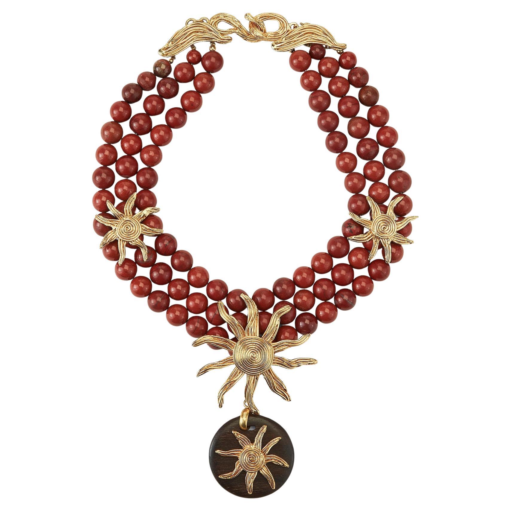 1990s Yves Saint Laurent Agate Beaded Necklace with Gold Sun Pendents For Sale