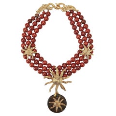 1990s Yves Saint Laurent Agate Beaded Necklace with Gold Sun Pendents