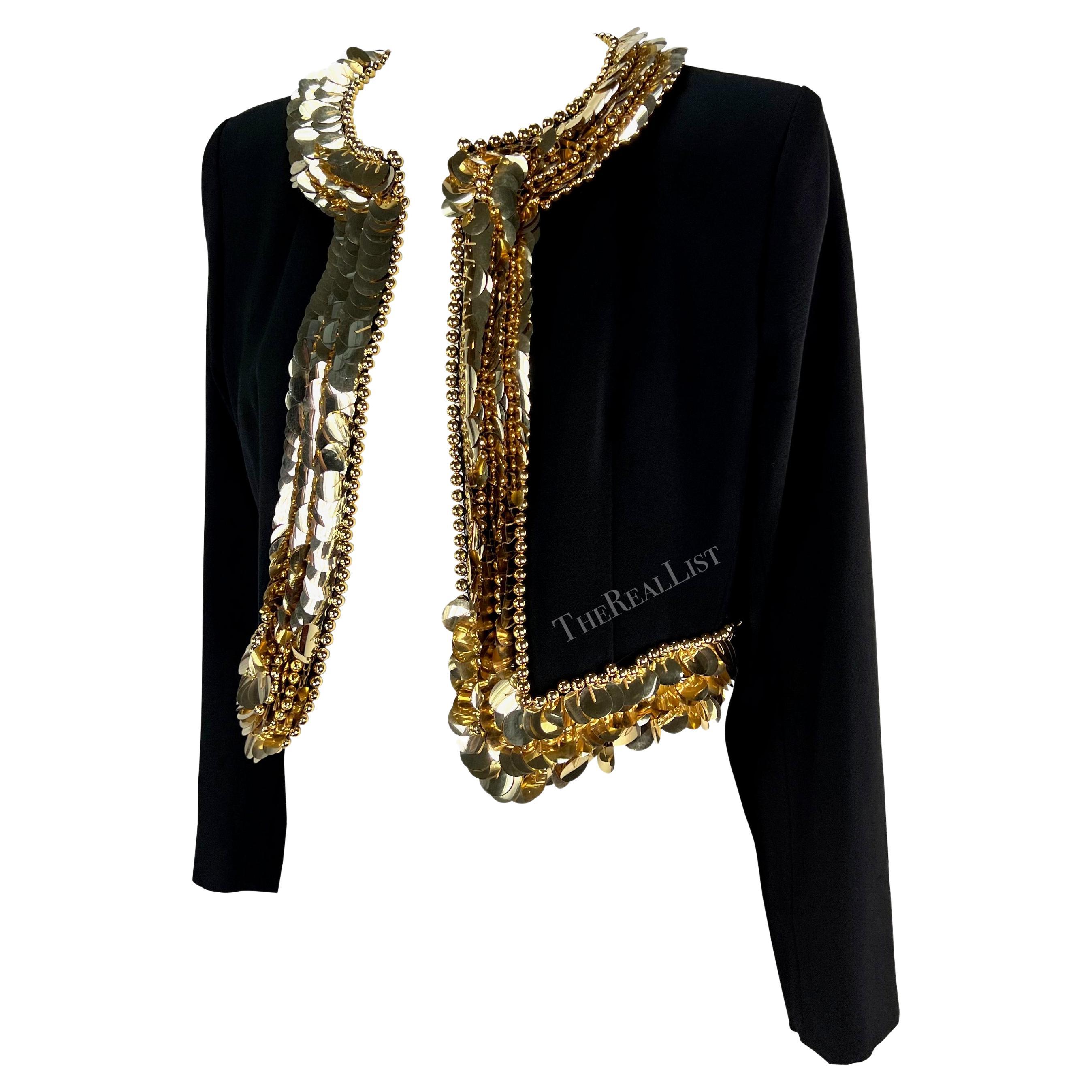 1990s Yves Saint Laurent Black Cropped Gold Accent Jacket In Excellent Condition For Sale In West Hollywood, CA
