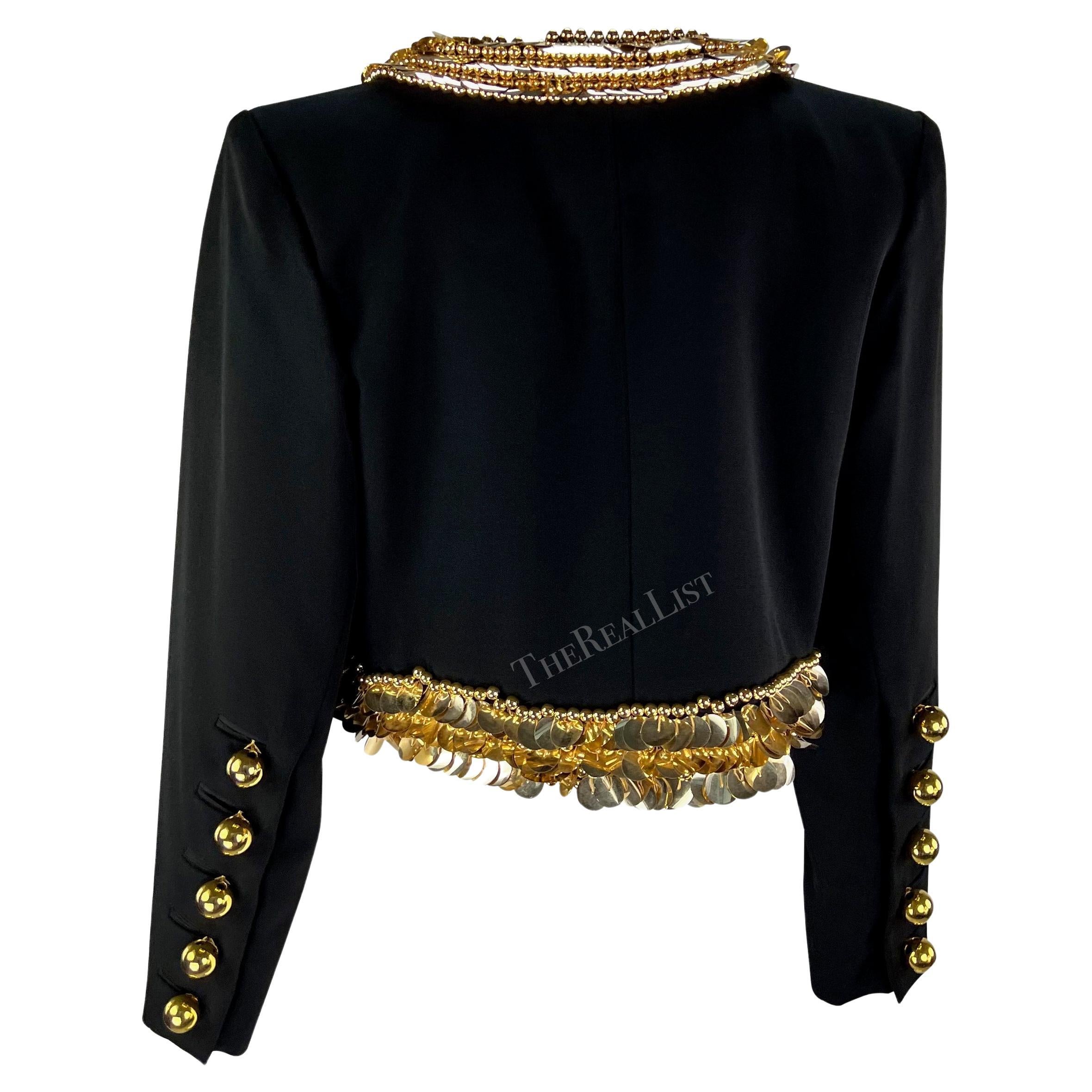 S/S 1990 Yves Saint Laurent Runway Ad Black Cropped Gold Embellished Jacket For Sale 4