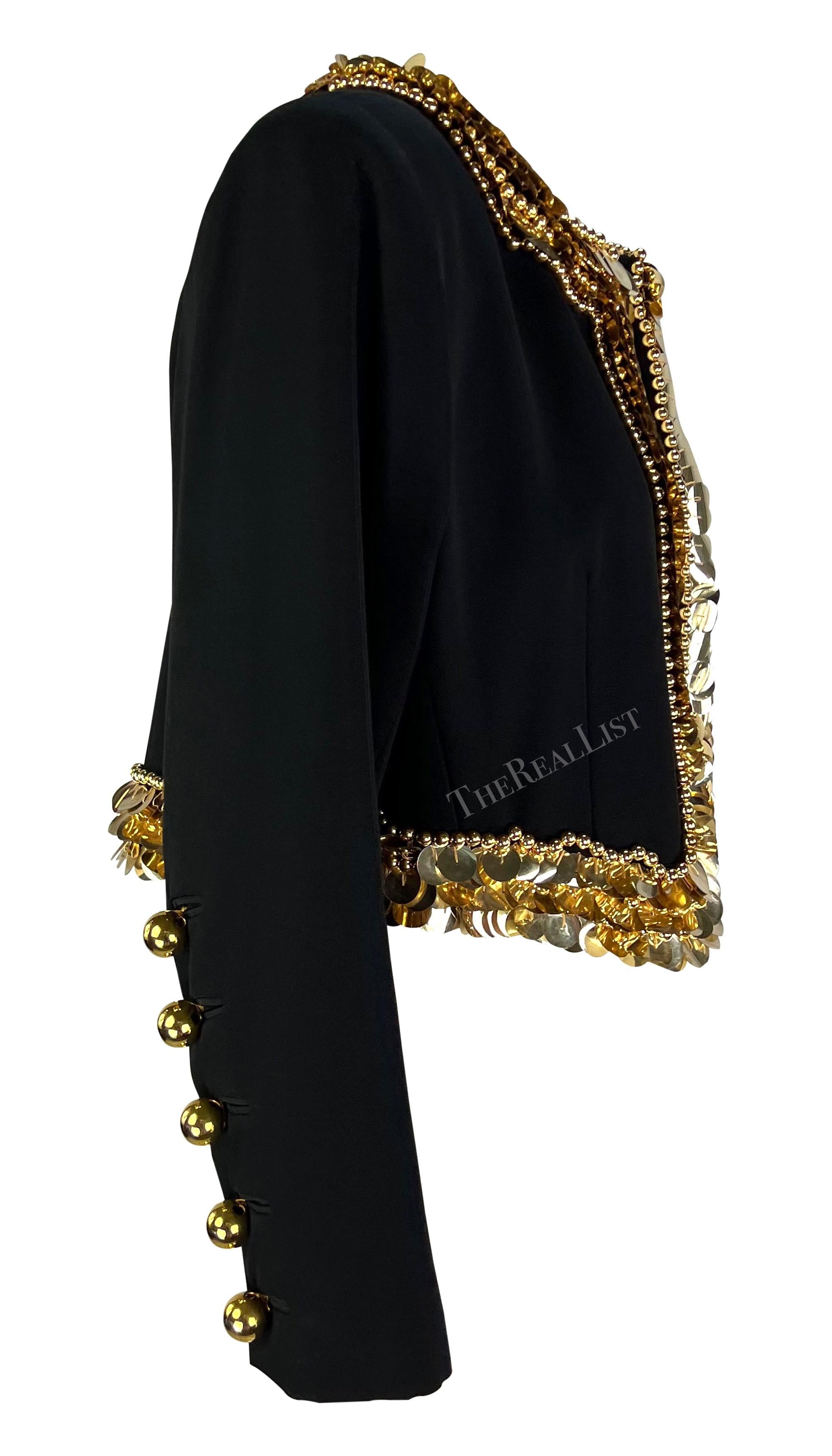1990s Yves Saint Laurent Black Cropped Gold Accent Jacket For Sale 3