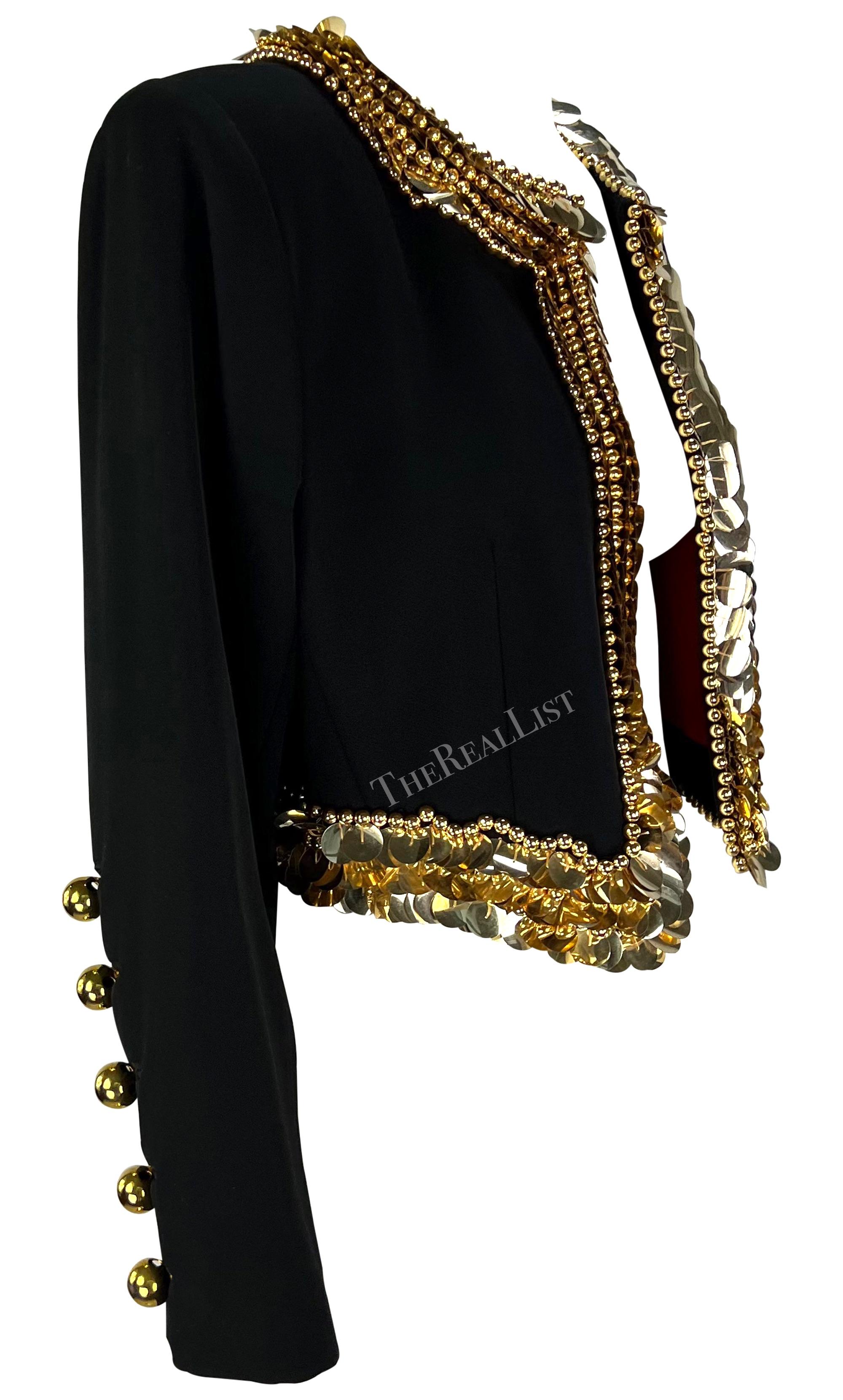 1990s Yves Saint Laurent Black Cropped Gold Accent Jacket For Sale 4