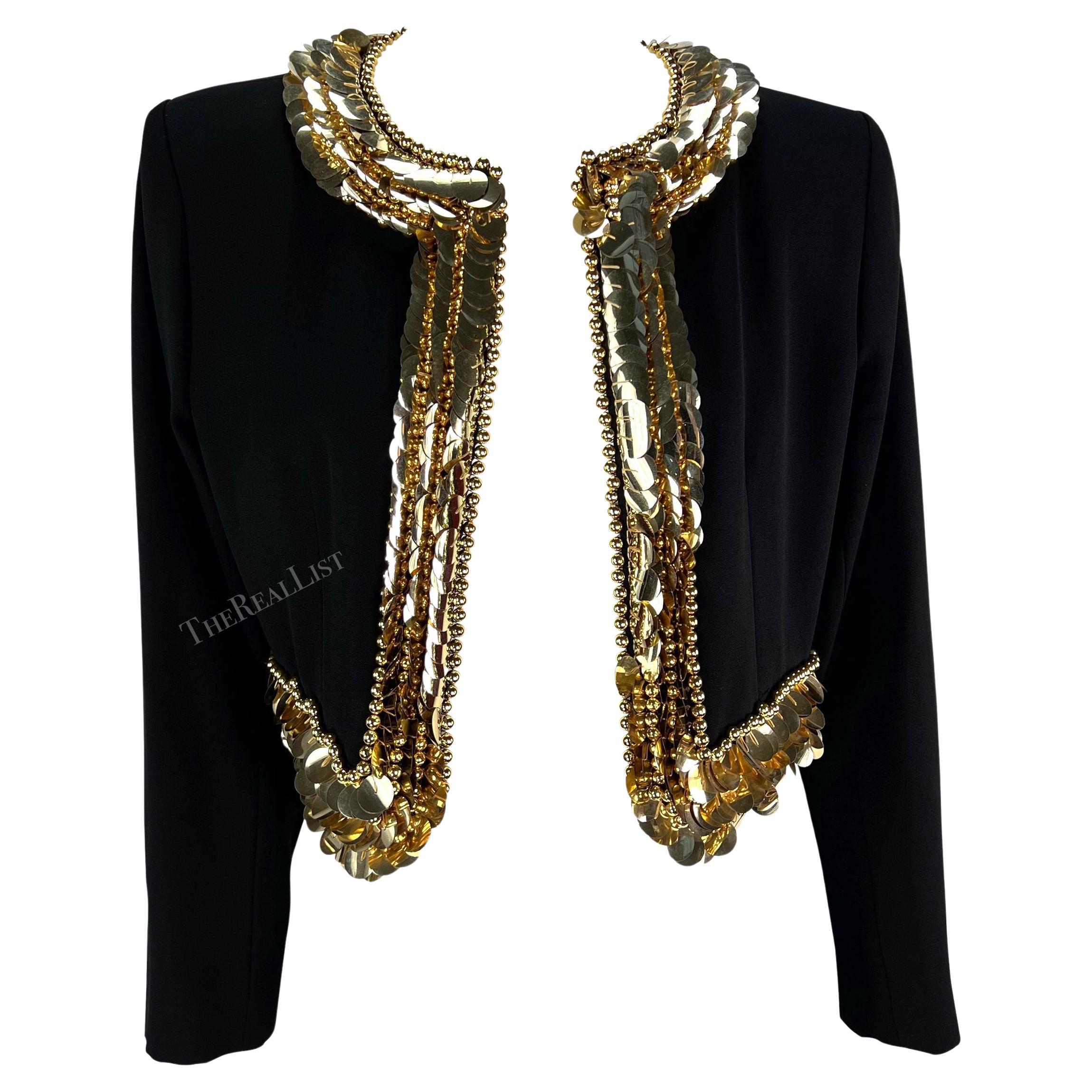 1990s Yves Saint Laurent Black Cropped Gold Accent Jacket For Sale