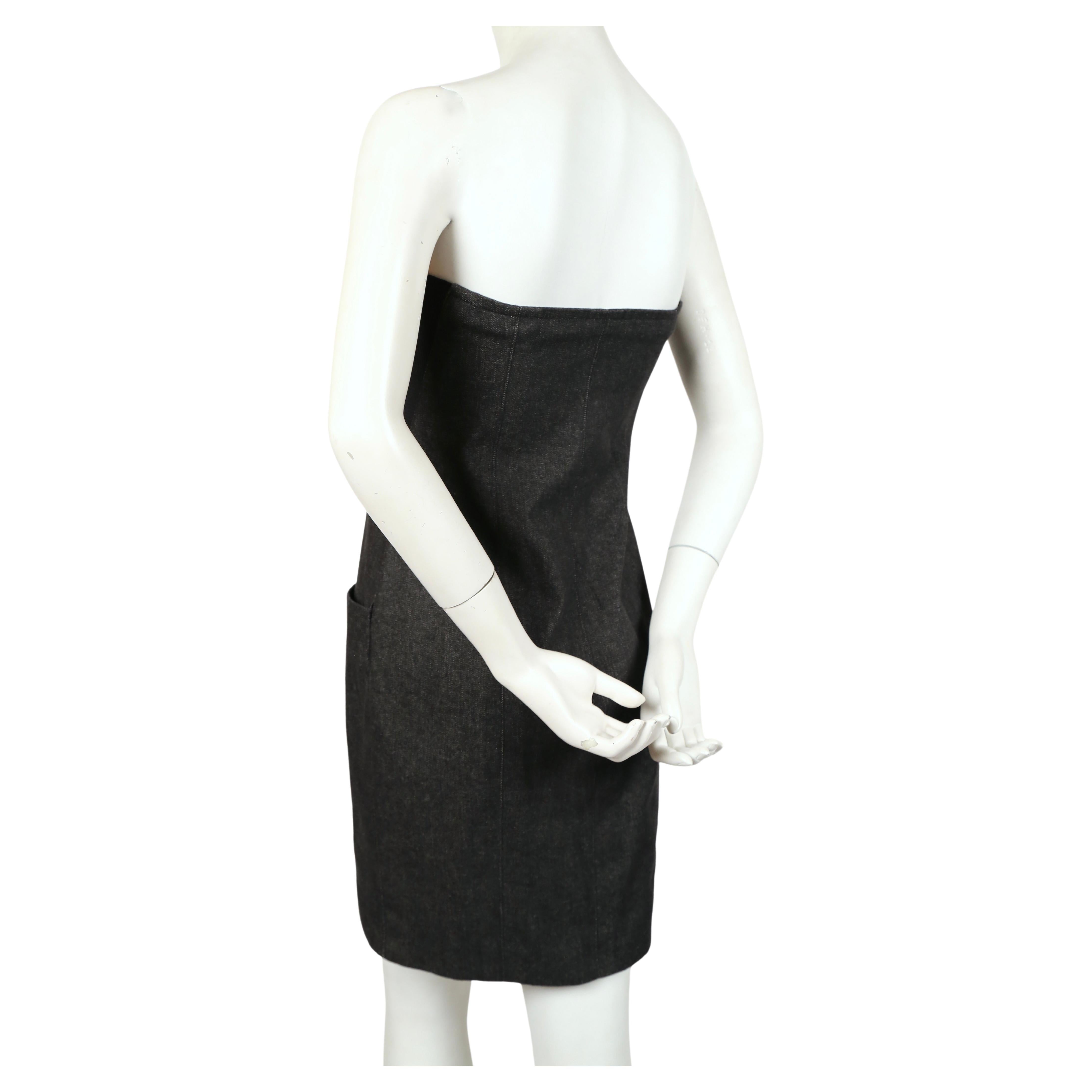 1990's YVES SAINT LAURENT black denim strapless dress with shell buttons In Good Condition For Sale In San Fransisco, CA