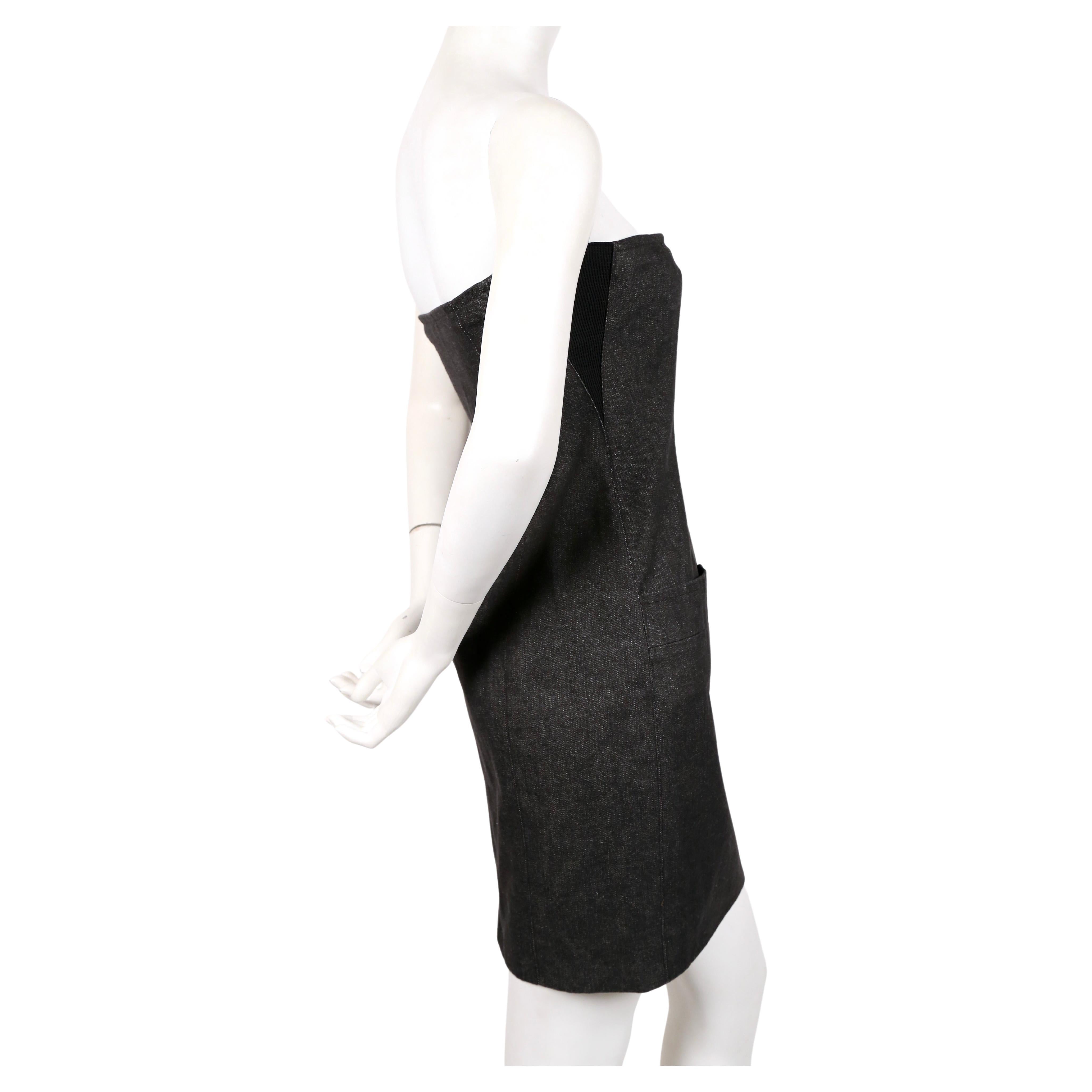 Women's or Men's 1990's YVES SAINT LAURENT black denim strapless dress with shell buttons For Sale