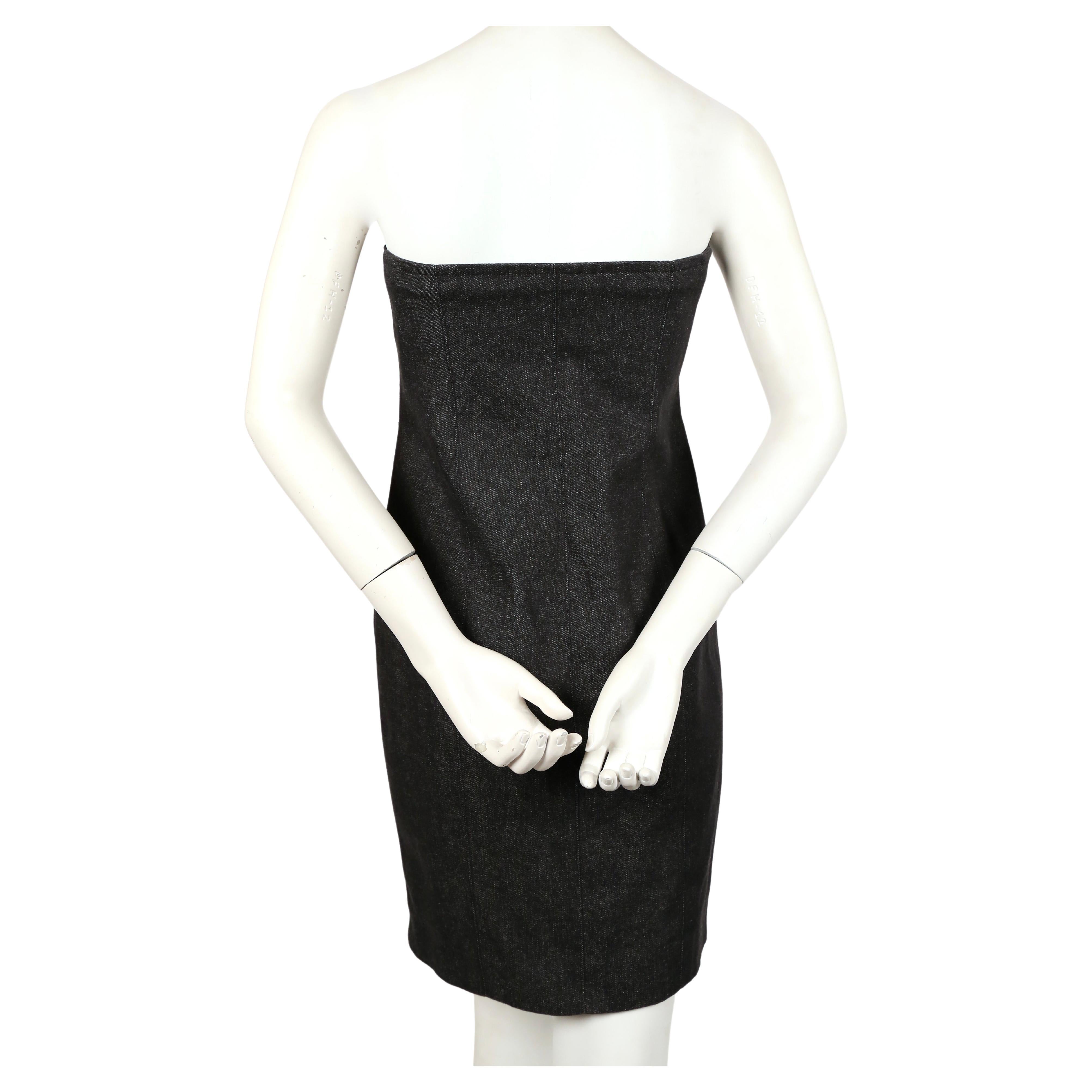 1990's YVES SAINT LAURENT black denim strapless dress with shell buttons For Sale 1