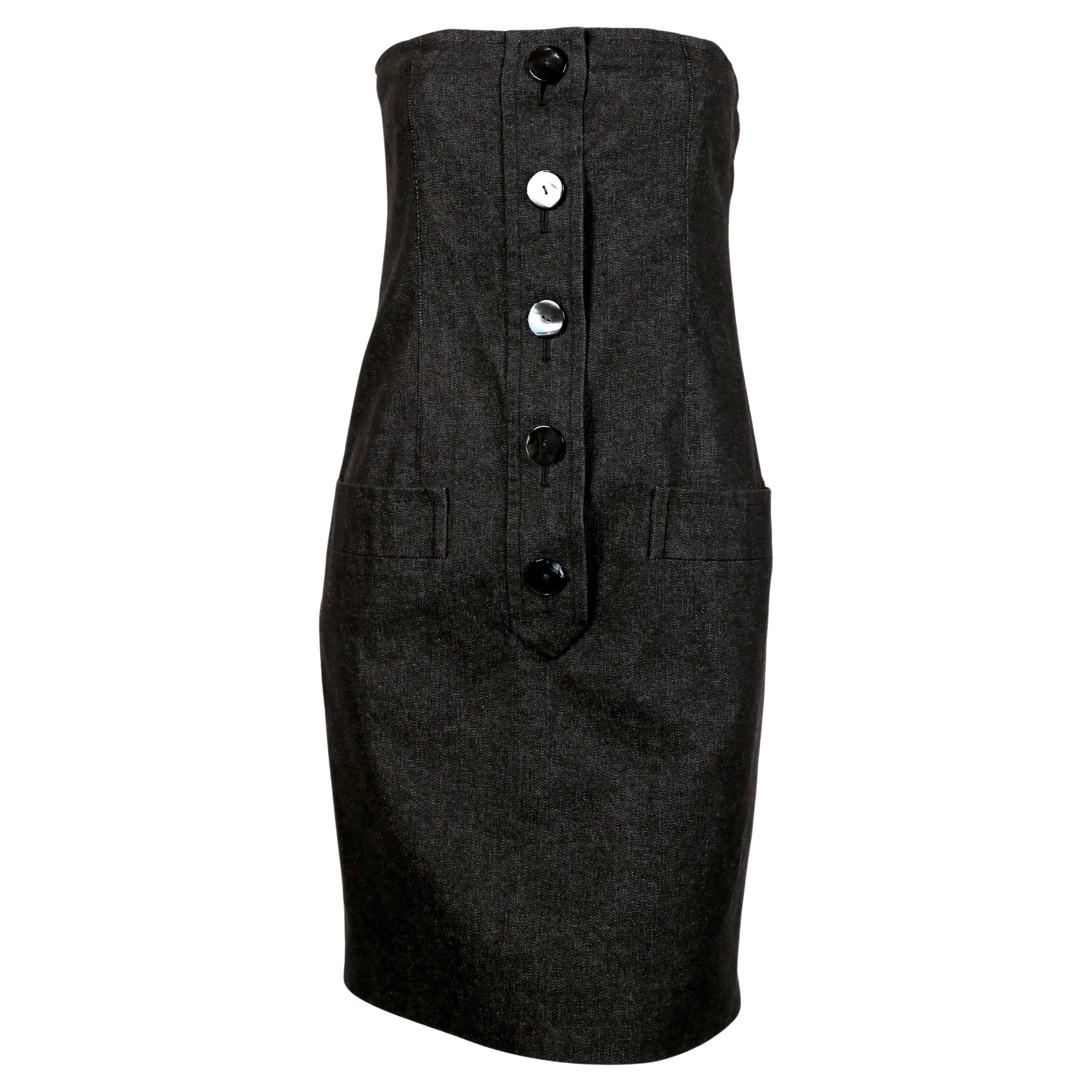 1990's YVES SAINT LAURENT black denim strapless dress with shell buttons For Sale