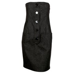 Used 1990's YVES SAINT LAURENT black denim strapless dress with shell buttons